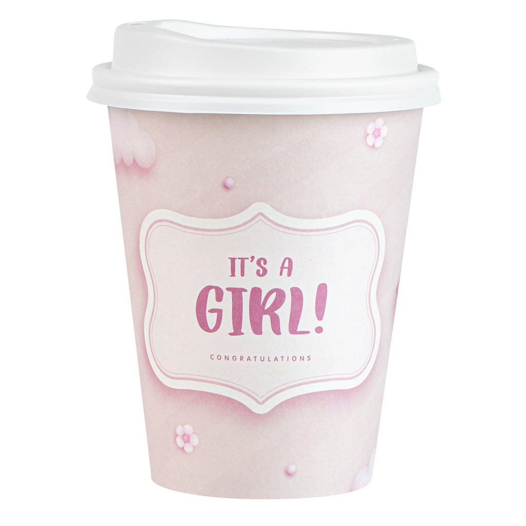 Restpresso 12 oz It's a Girl Paper Single Wall Coffee Cup - with White Lid - 3 1/2" x 3 1/2" x 4 3/4" - 20 count box