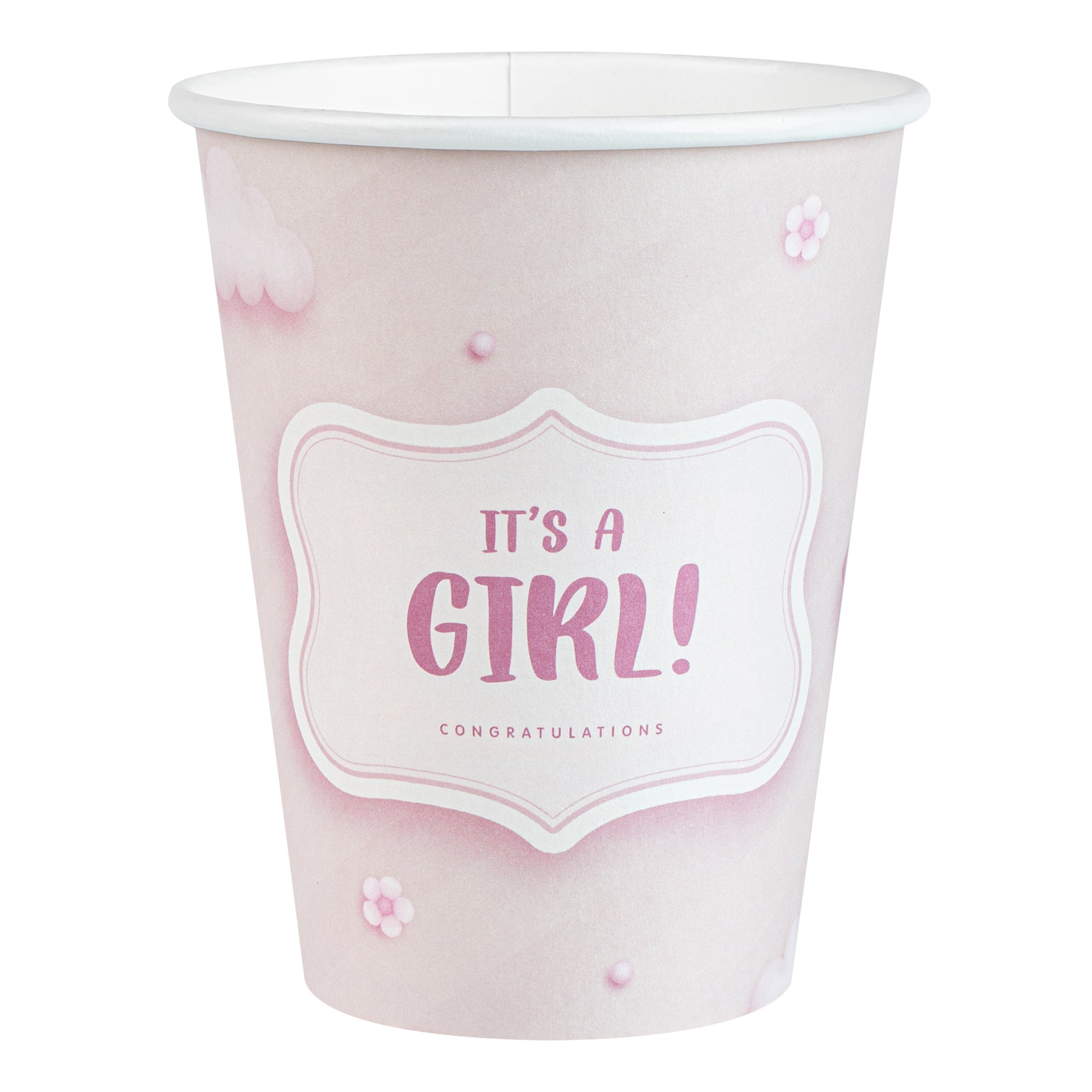 Restpresso 12 oz It's a Girl Paper Single Wall Coffee Cup - with White Lid - 3 1/2" x 3 1/2" x 4 3/4" - 20 count box