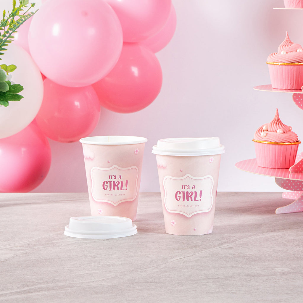 Restpresso 12 oz It's a Girl Paper Single Wall Coffee Cup - with White Lid - 3 1/2" x 3 1/2" x 4 3/4" - 400 count box