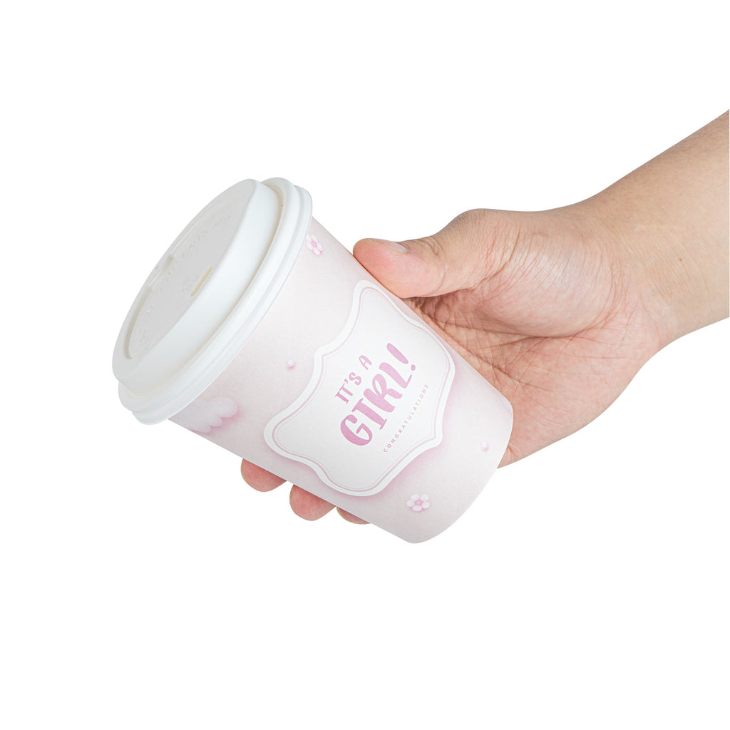 Restpresso 12 oz It's a Girl Paper Single Wall Coffee Cup - with White Lid - 3 1/2" x 3 1/2" x 4 3/4" - 400 count box