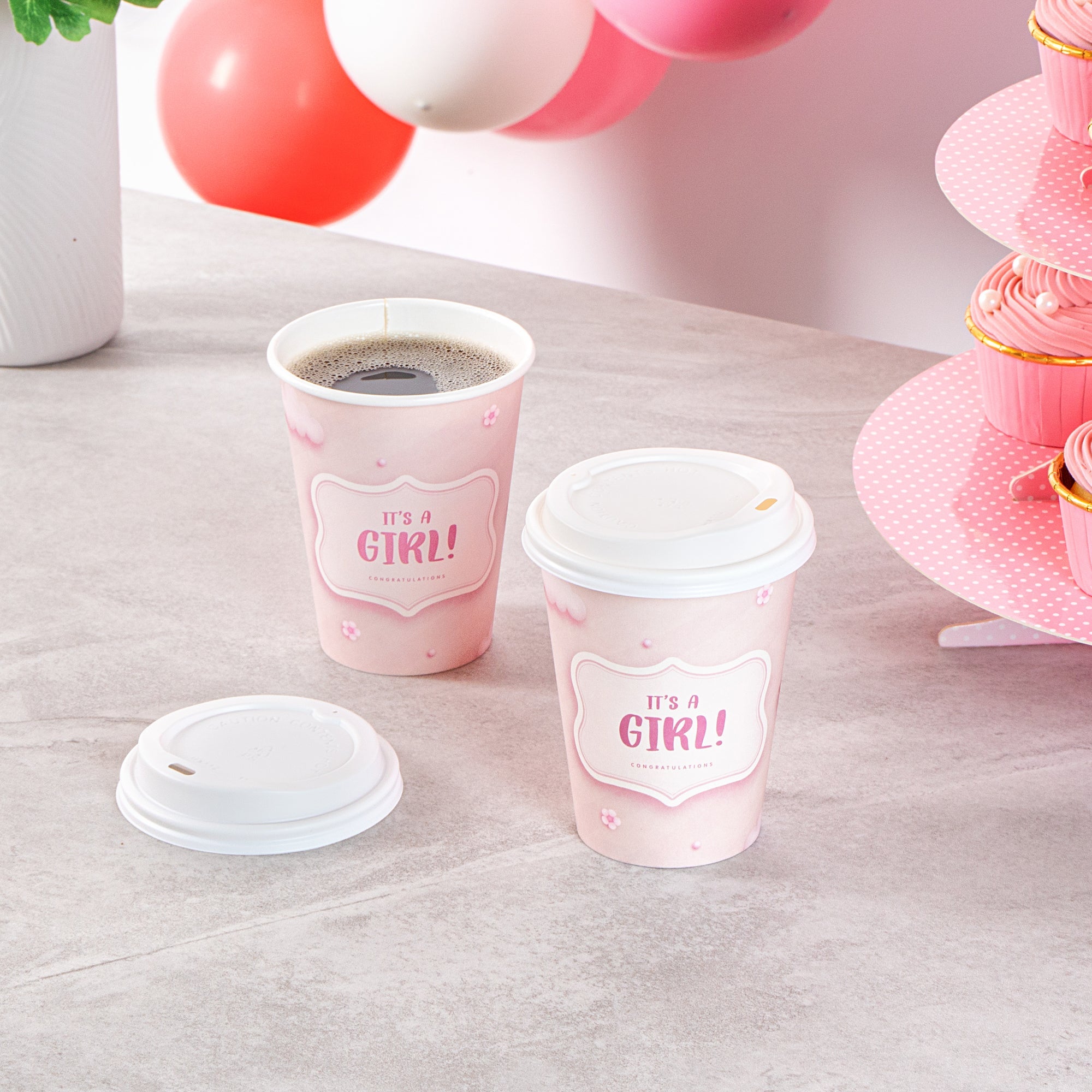 Restpresso 12 oz It's a Girl Paper Single Wall Coffee Cup - with White Lid - 3 1/2" x 3 1/2" x 4 3/4" - 400 count box