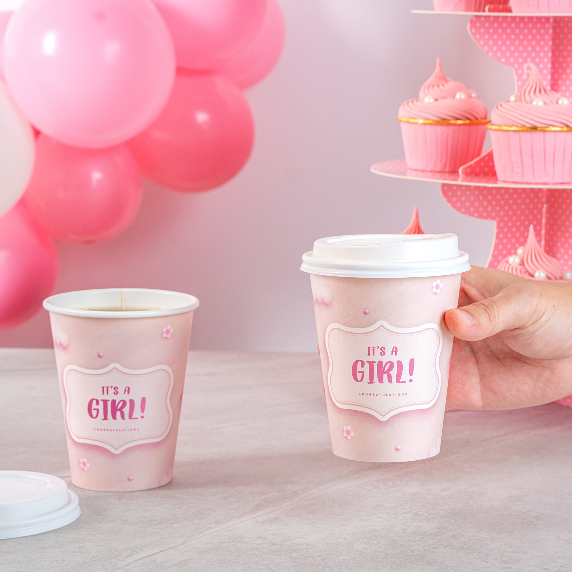 Restpresso 12 oz It's a Girl Paper Single Wall Coffee Cup - with White Lid - 3 1/2" x 3 1/2" x 4 3/4" - 400 count box