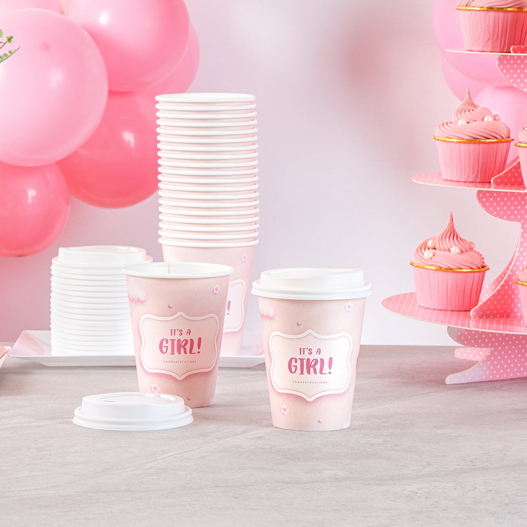 Restpresso 12 oz It's a Girl Paper Single Wall Coffee Cup - with White Lid - 3 1/2" x 3 1/2" x 4 3/4" - 400 count box