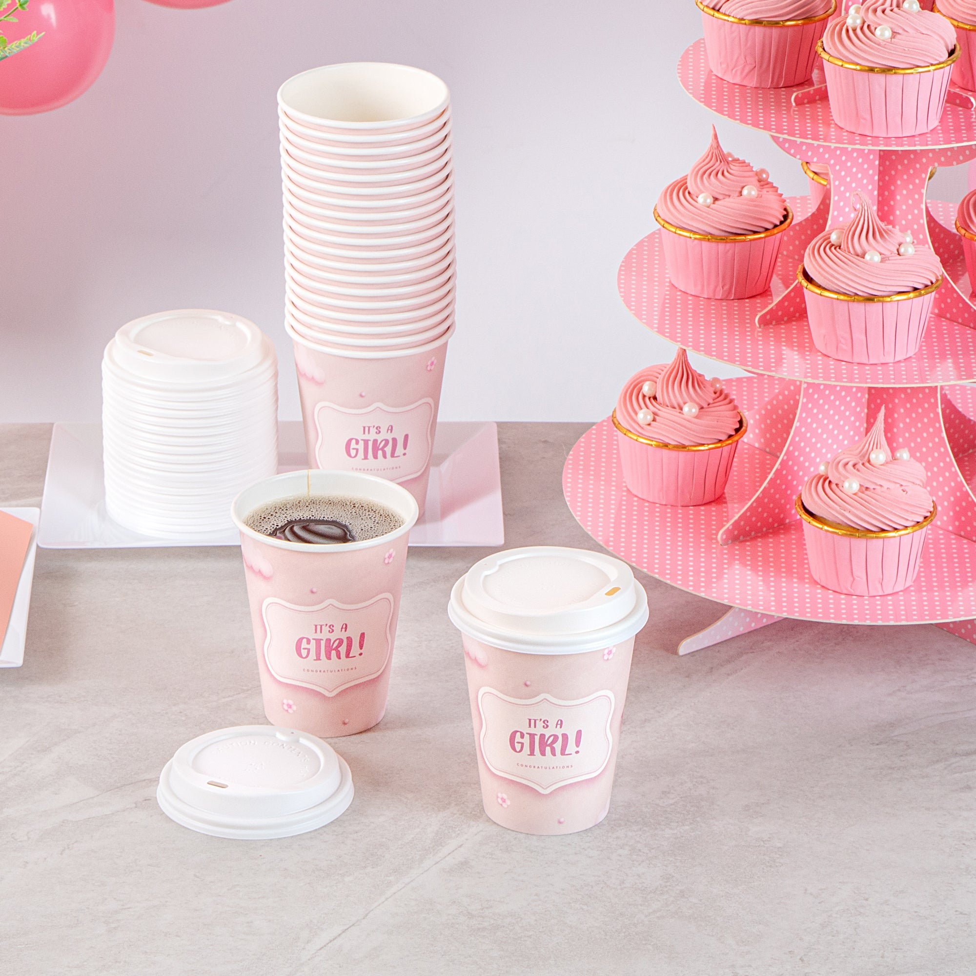 Restpresso 12 oz It's a Girl Paper Single Wall Coffee Cup - with White Lid - 3 1/2" x 3 1/2" x 4 3/4" - 400 count box