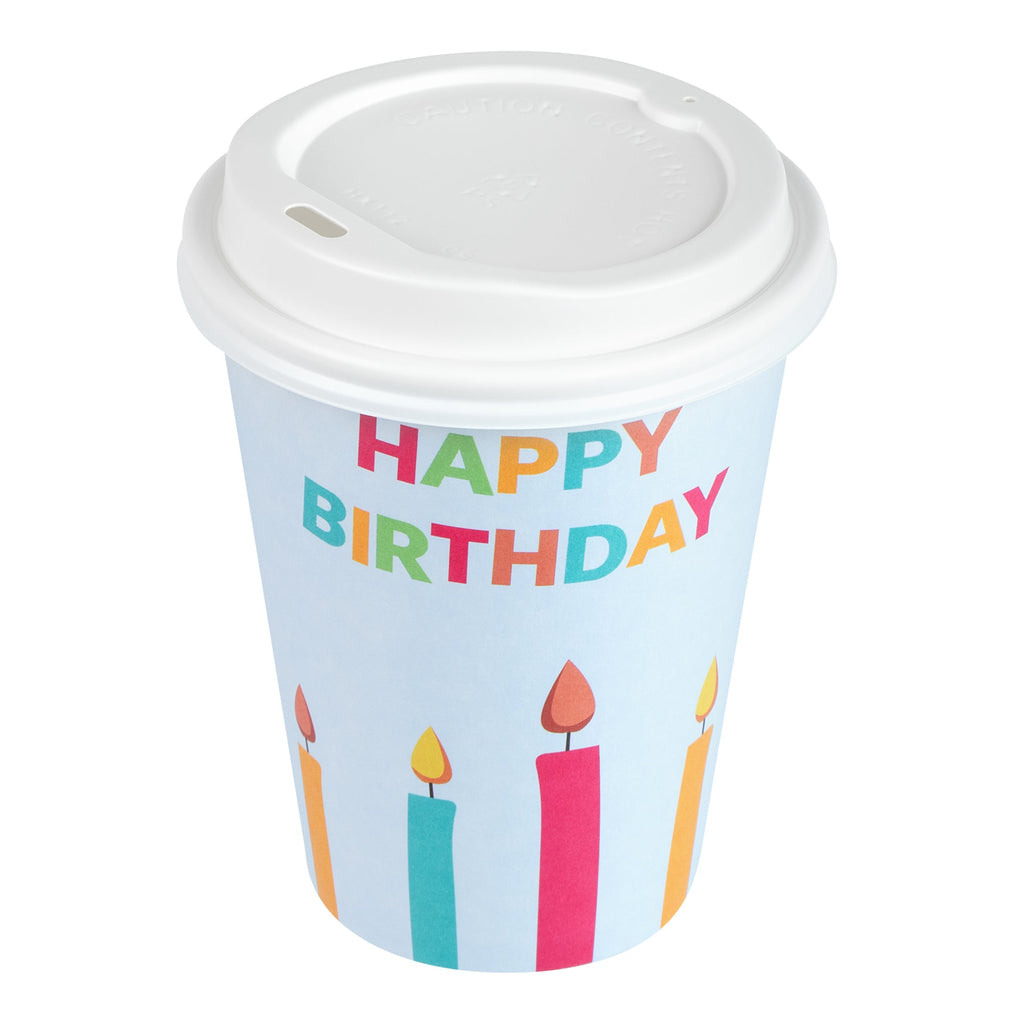 Restpresso 12 oz Happy Birthday Paper Single Wall Coffee Cup - with White Lid - 3 1/2" x 3 1/2" x 4 3/4" - 20 count box
