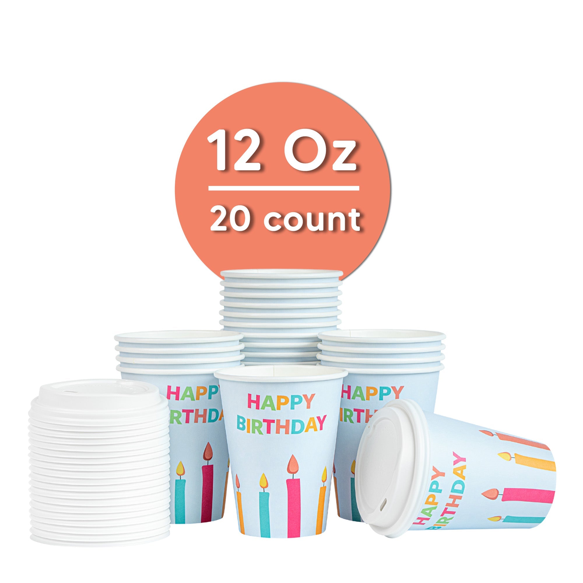 Restpresso 12 oz Happy Birthday Paper Single Wall Coffee Cup - with White Lid - 3 1/2" x 3 1/2" x 4 3/4" - 20 count box