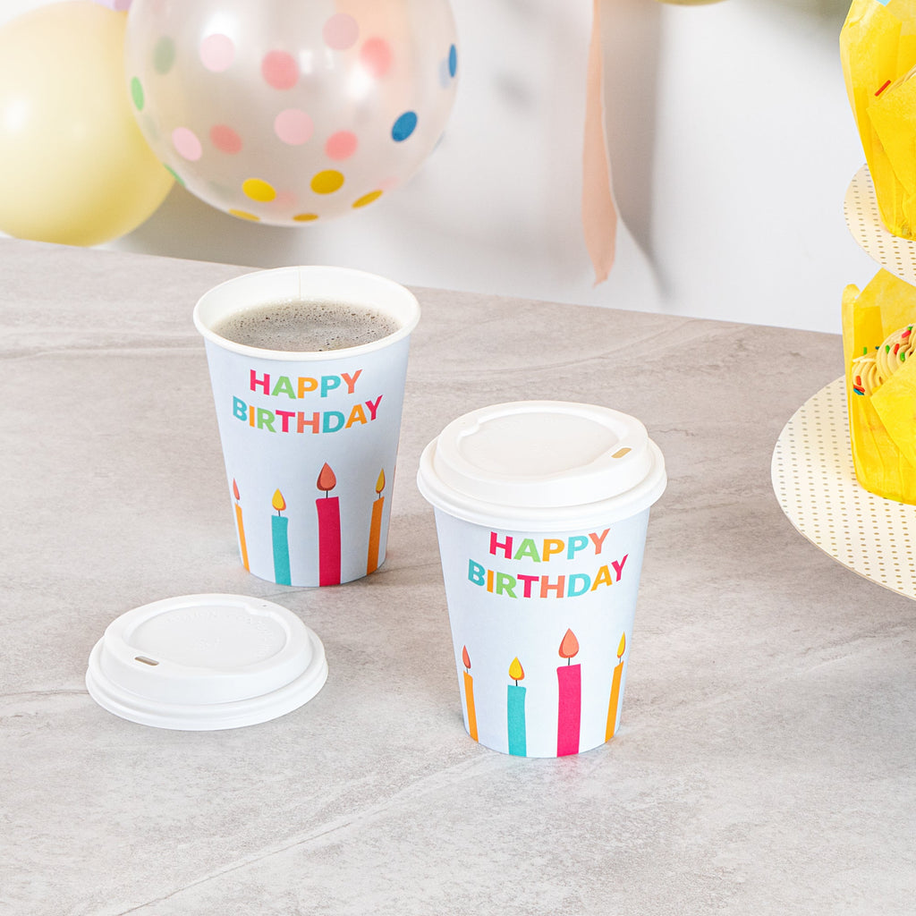 Restpresso 12 oz Happy Birthday Paper Single Wall Coffee Cup - with White Lid - 3 1/2" x 3 1/2" x 4 3/4" - 20 count box