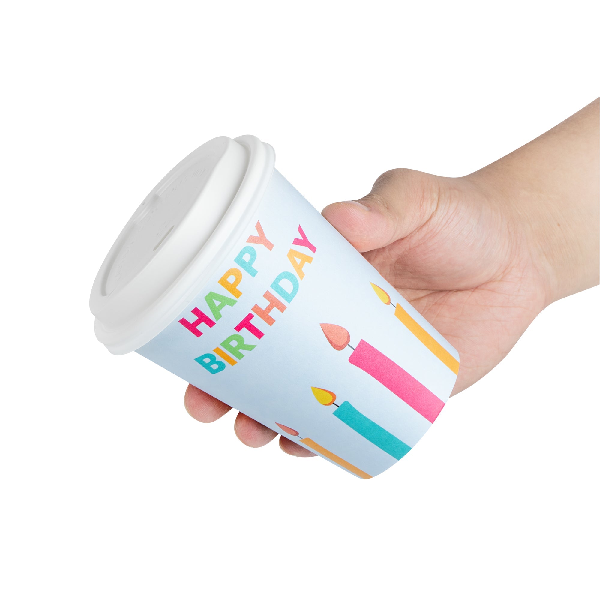 Restpresso 12 oz Happy Birthday Paper Single Wall Coffee Cup - with White Lid - 3 1/2" x 3 1/2" x 4 3/4" - 20 count box