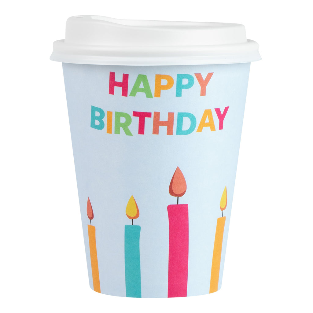 Restpresso 12 oz Happy Birthday Paper Single Wall Coffee Cup - with White Lid - 3 1/2" x 3 1/2" x 4 3/4" - 20 count box