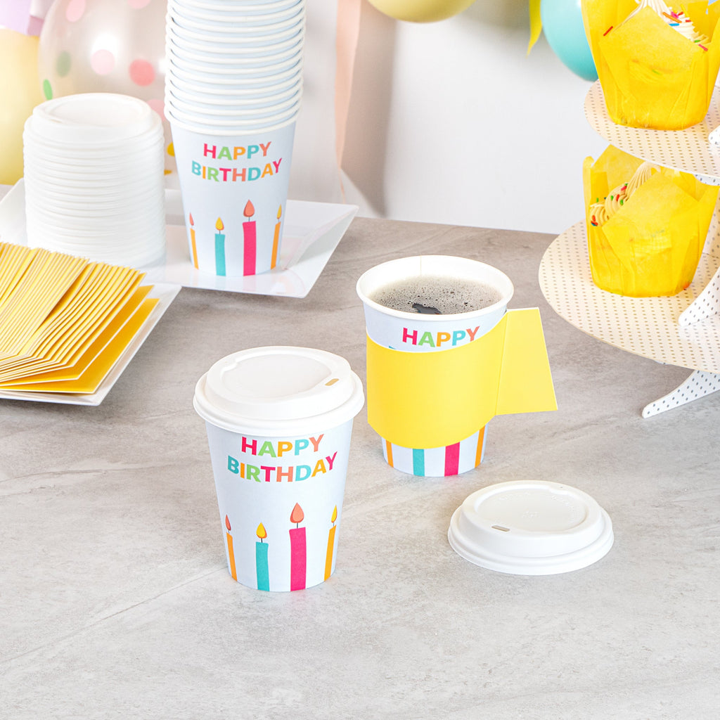 Restpresso 12 oz Happy Birthday Paper Single Wall Coffee Cup - with White Lid - 3 1/2" x 3 1/2" x 4 3/4" - 20 count box
