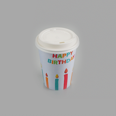 Restpresso 12 oz Happy Birthday Paper Single Wall Coffee Cup - with White Lid - 3 1/2" x 3 1/2" x 4 3/4" - 400 count box