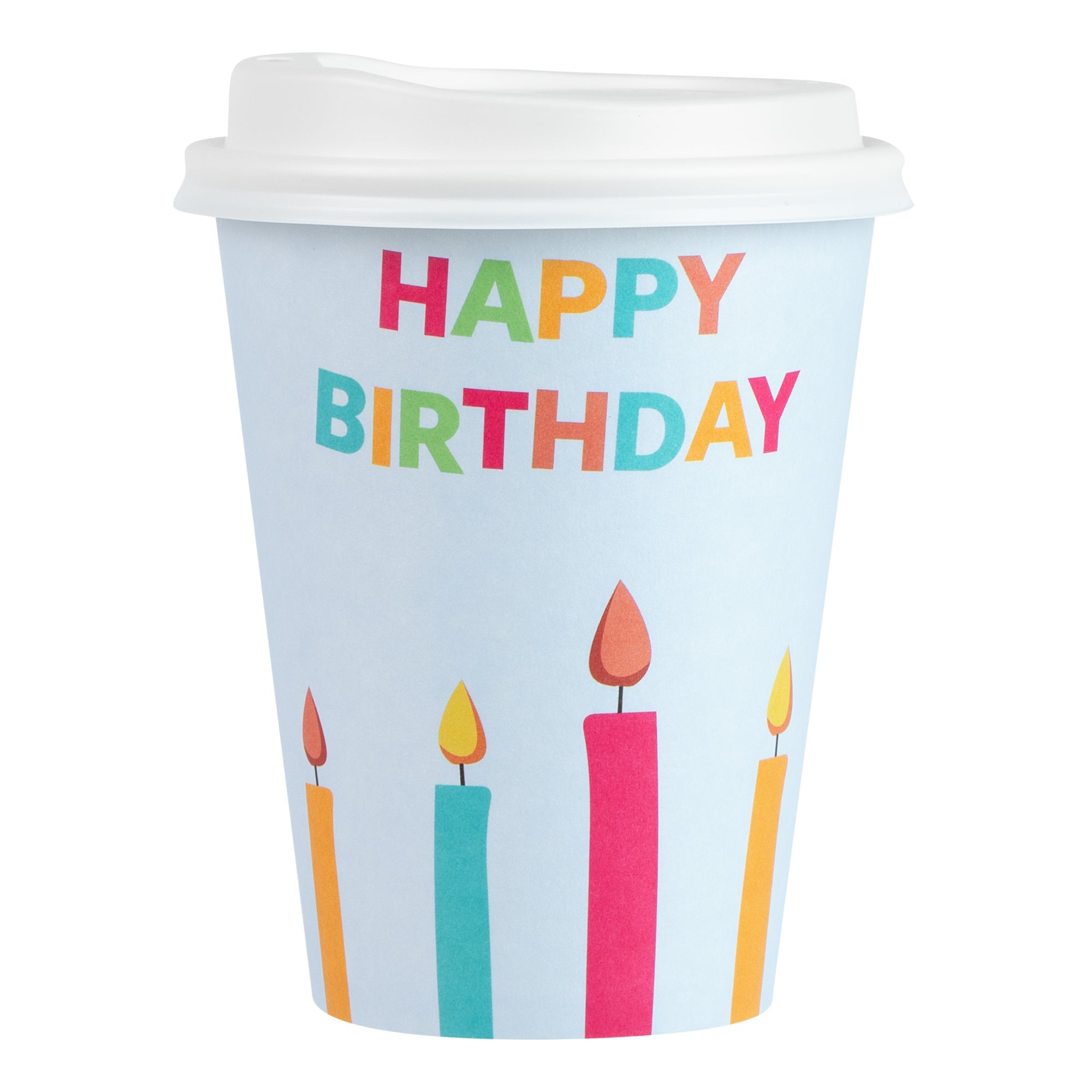 Restpresso 12 oz Happy Birthday Paper Single Wall Coffee Cup - with White Lid - 3 1/2" x 3 1/2" x 4 3/4" - 400 count box