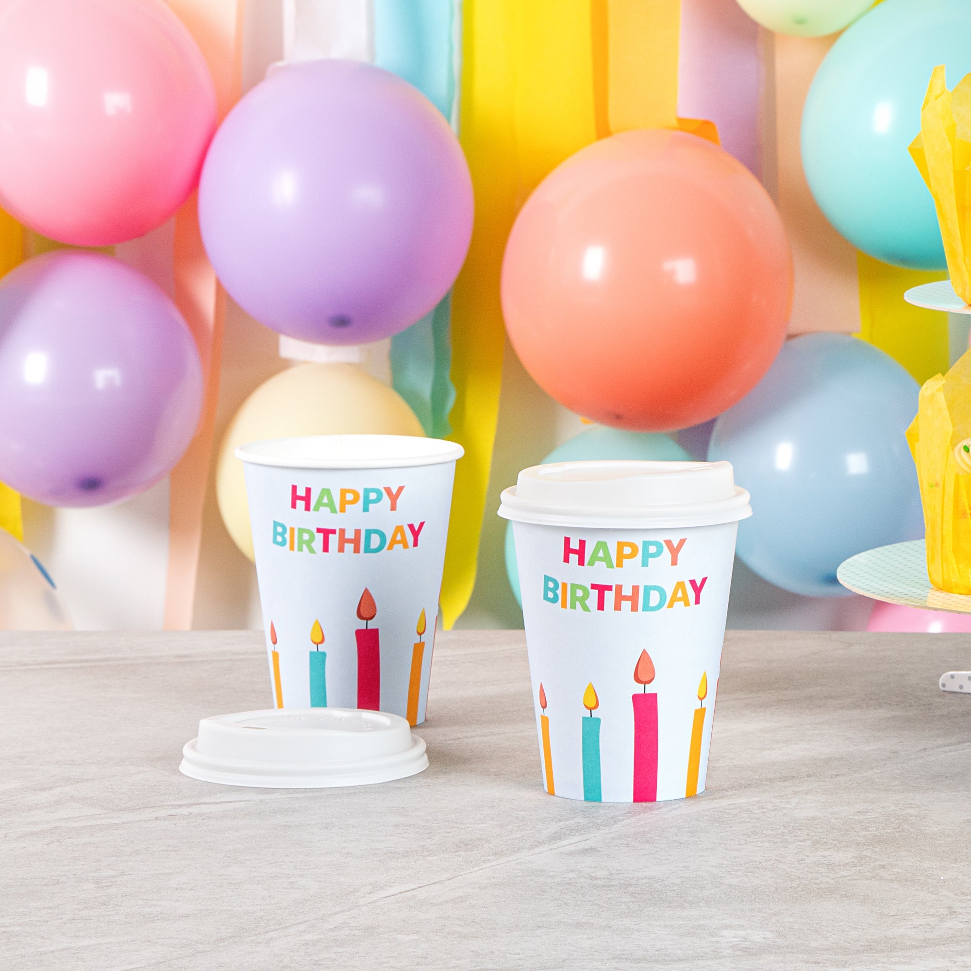 Restpresso 12 oz Happy Birthday Paper Single Wall Coffee Cup - with White Lid - 3 1/2" x 3 1/2" x 4 3/4" - 400 count box