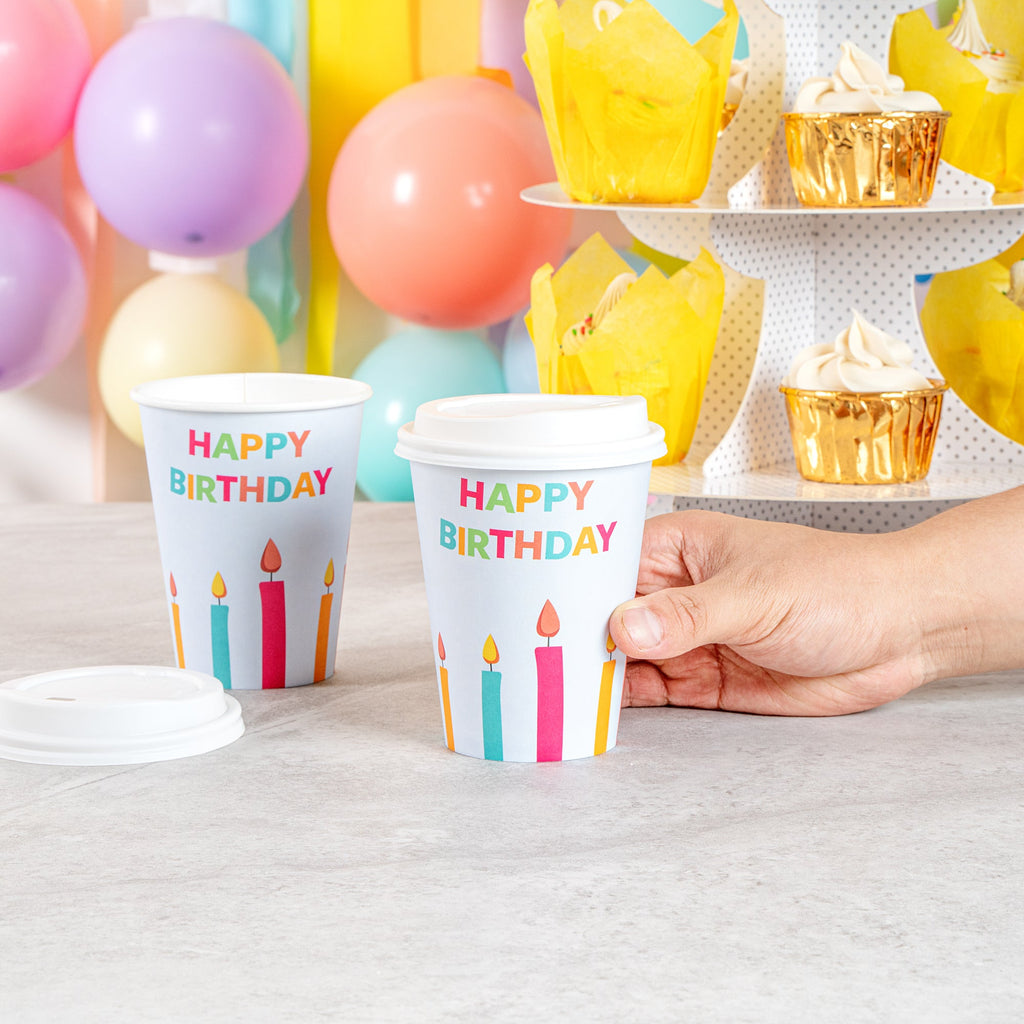 Restpresso 12 oz Happy Birthday Paper Single Wall Coffee Cup - with White Lid - 3 1/2" x 3 1/2" x 4 3/4" - 400 count box