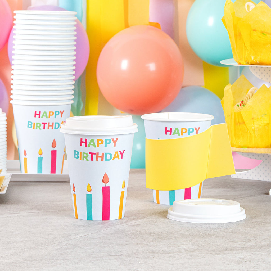 Restpresso 12 oz Happy Birthday Paper Single Wall Coffee Cup - with White Lid - 3 1/2" x 3 1/2" x 4 3/4" - 400 count box