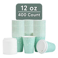 Restpresso 12 oz Blue Christmas Snowflakes Paper Single Wall Coffee Cup - with White Lid - 3 1/2" x 3 1/2" x 4 3/4" - 400 count box