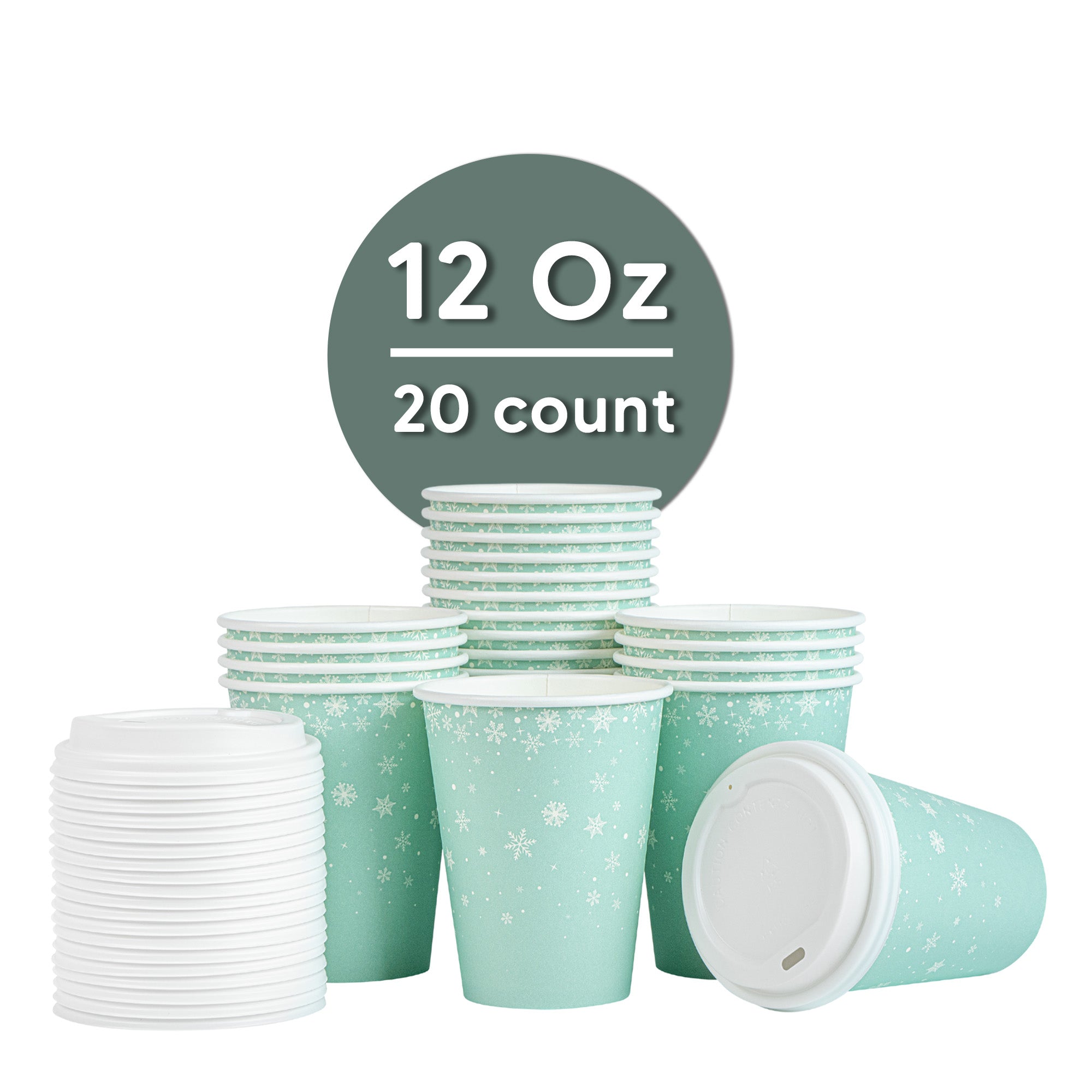 Restpresso 12 oz Blue Christmas Snowflakes Paper Single Wall Coffee Cup - with White Lid - 3 1/2" x 3 1/2" x 4 3/4" - 20 count box