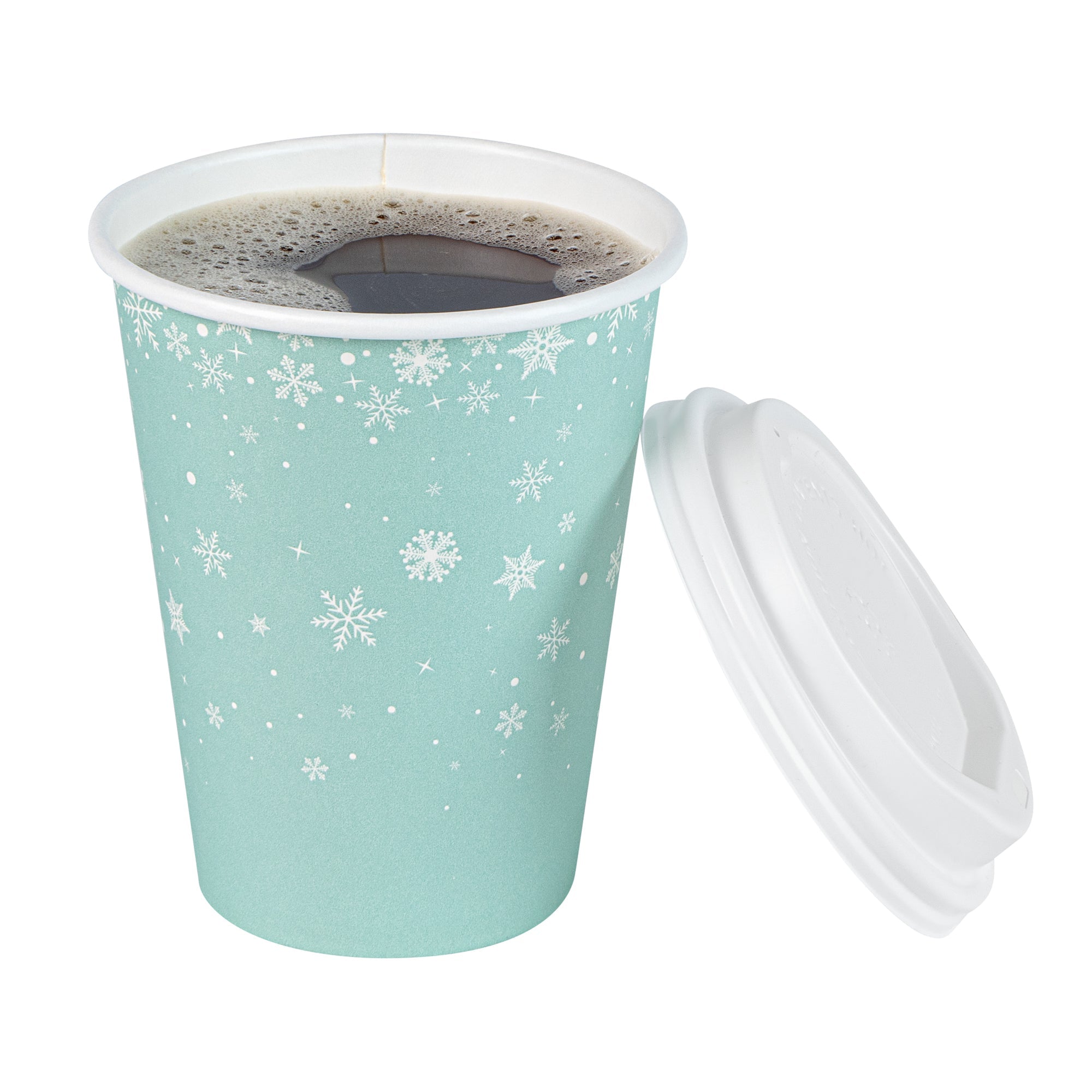 Restpresso 12 oz Blue Christmas Snowflakes Paper Single Wall Coffee Cup - with White Lid - 3 1/2" x 3 1/2" x 4 3/4" - 20 count box
