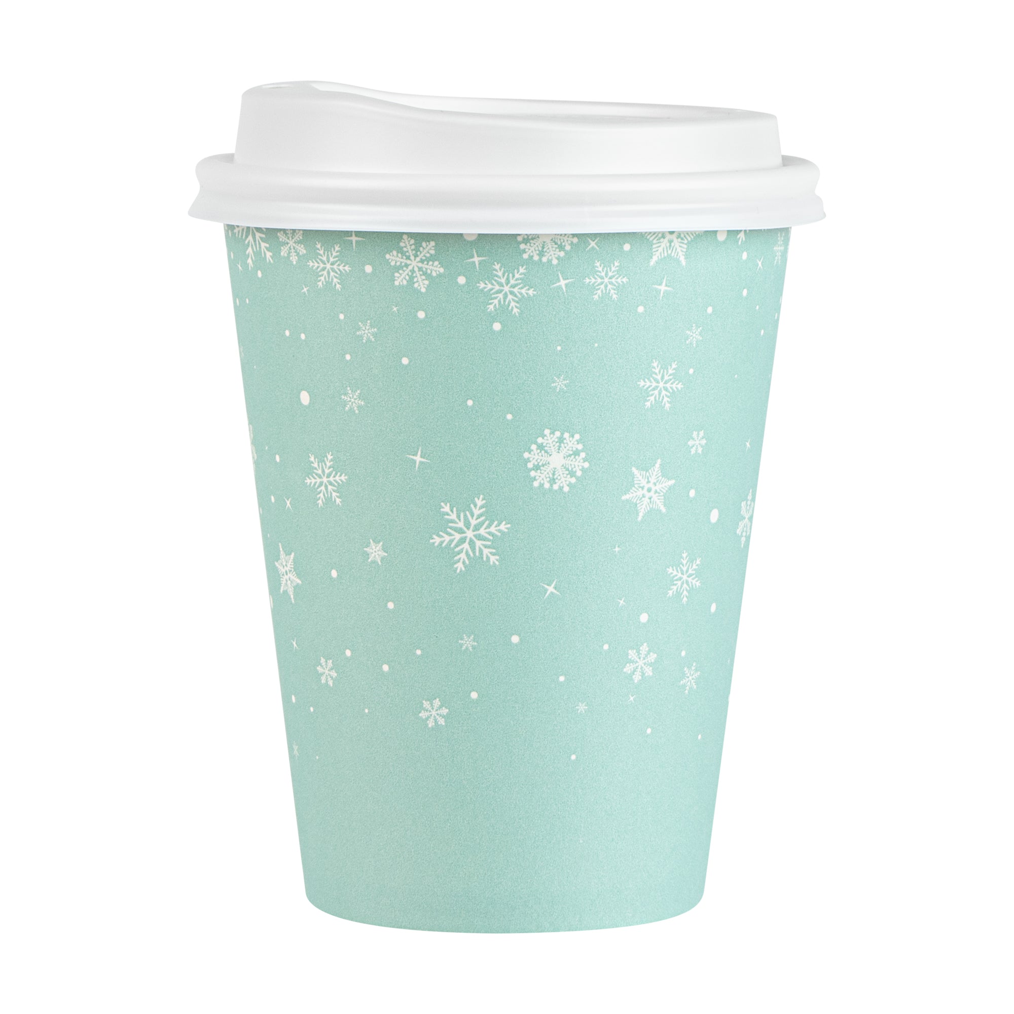Restpresso 12 oz Blue Christmas Snowflakes Paper Single Wall Coffee Cup - with White Lid - 3 1/2" x 3 1/2" x 4 3/4" - 20 count box
