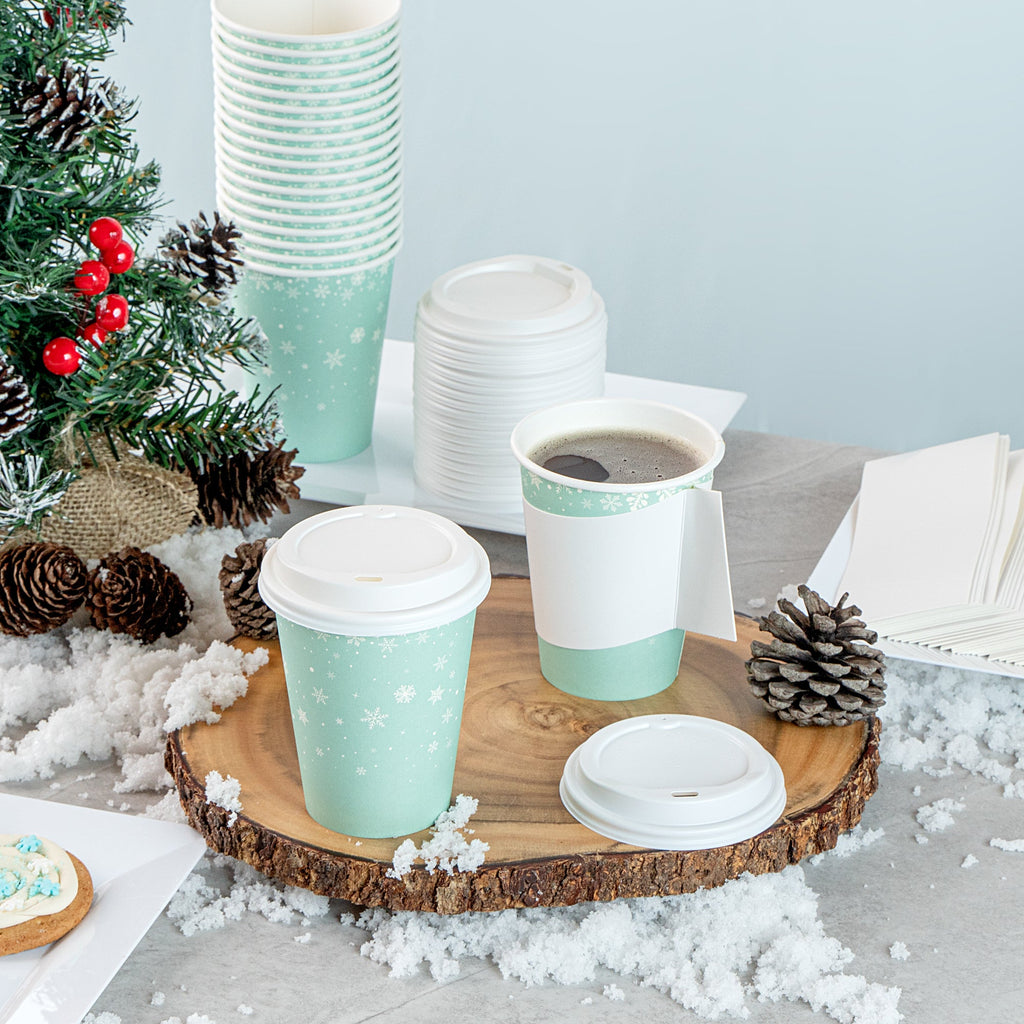 Restpresso 12 oz Blue Christmas Snowflakes Paper Single Wall Coffee Cup - with White Lid - 3 1/2" x 3 1/2" x 4 3/4" - 20 count box