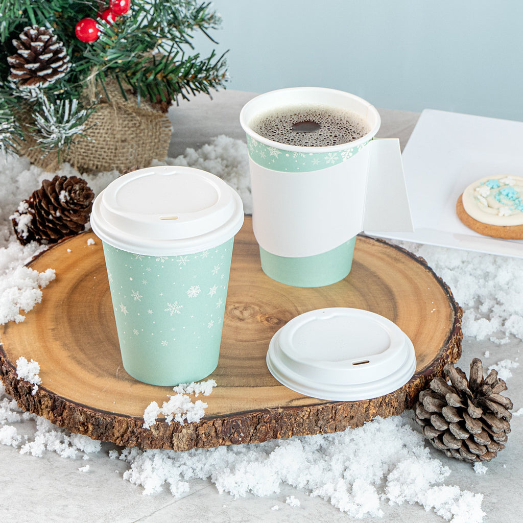 Restpresso 12 oz Blue Christmas Snowflakes Paper Single Wall Coffee Cup - with White Lid - 3 1/2" x 3 1/2" x 4 3/4" - 400 count box