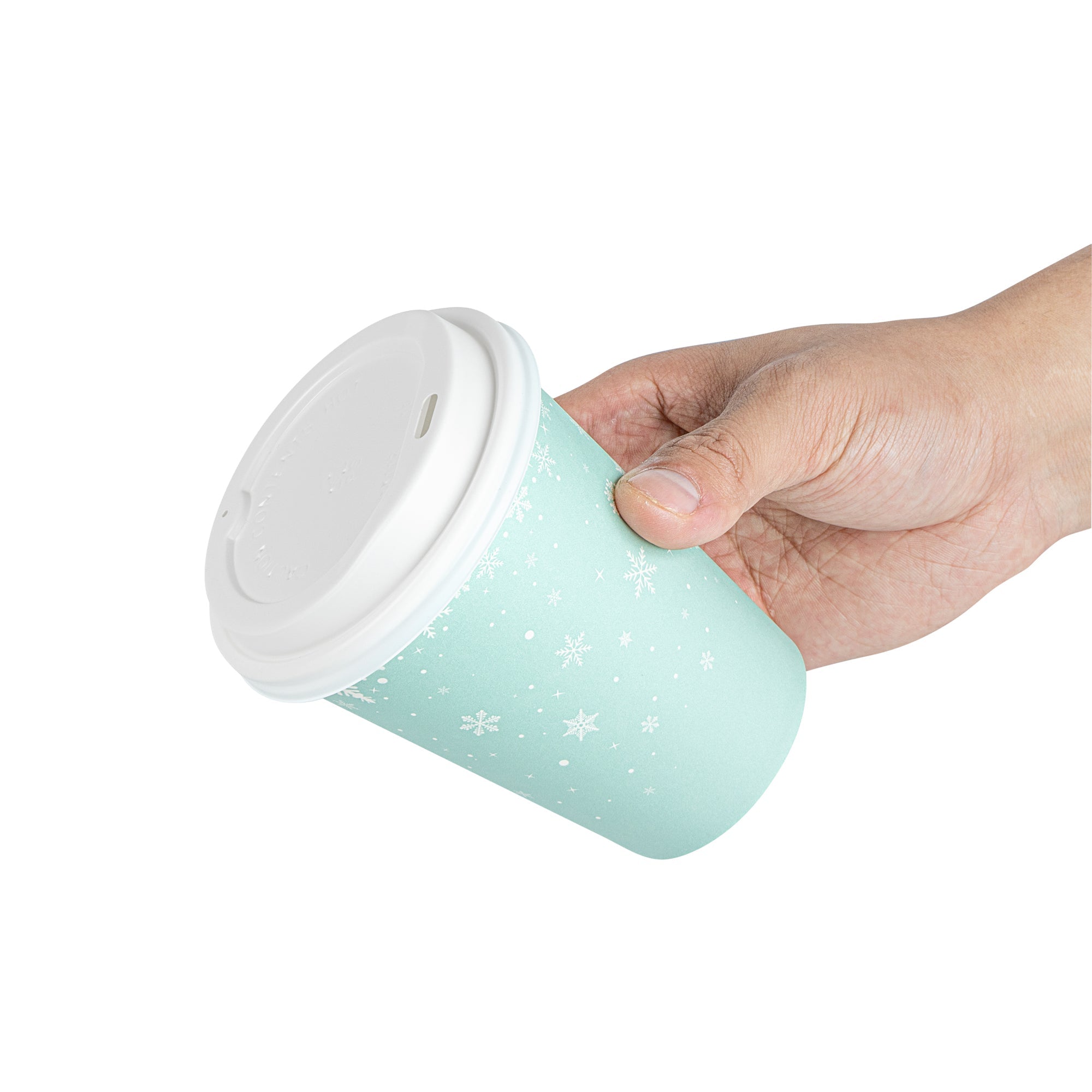 Restpresso 12 oz Blue Christmas Snowflakes Paper Single Wall Coffee Cup - with White Lid - 3 1/2" x 3 1/2" x 4 3/4" - 400 count box