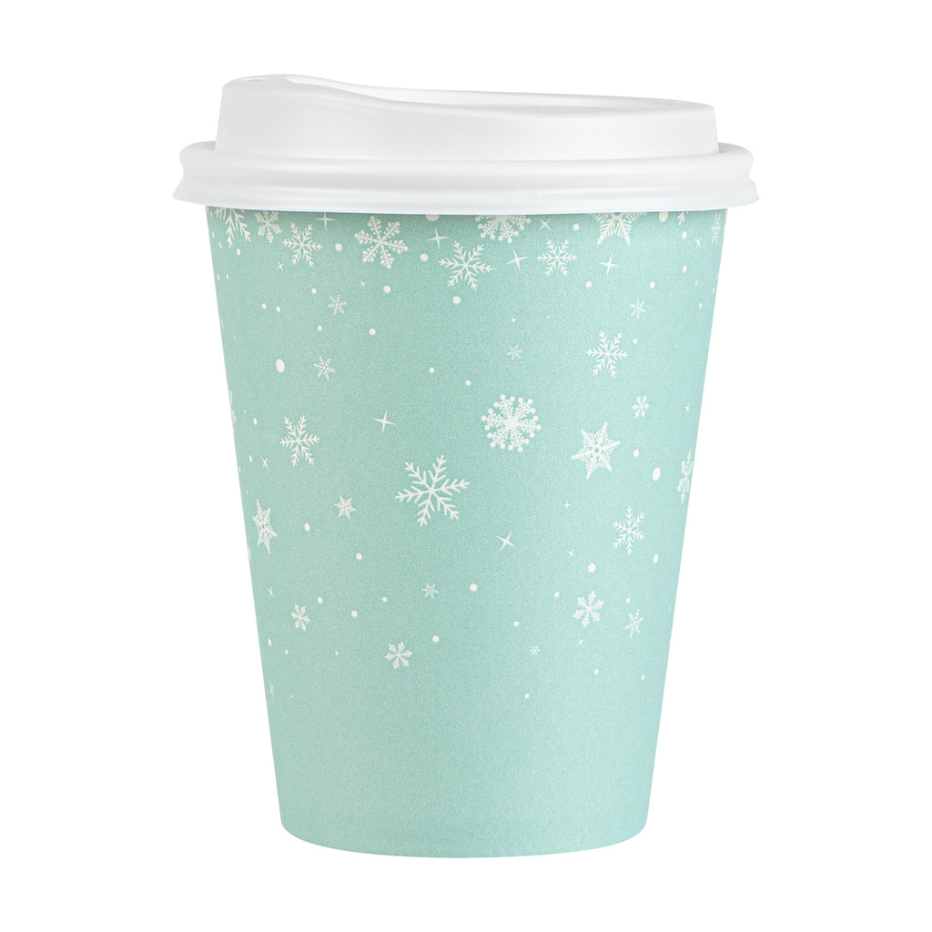 Restpresso 12 oz Blue Christmas Snowflakes Paper Single Wall Coffee Cup - with White Lid - 3 1/2" x 3 1/2" x 4 3/4" - 400 count box