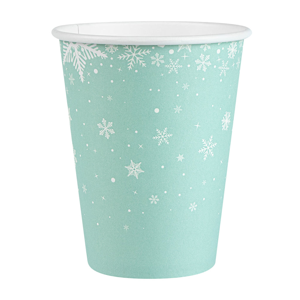 Restpresso 12 oz Blue Christmas Snowflakes Paper Single Wall Coffee Cup - with White Lid - 3 1/2" x 3 1/2" x 4 3/4" - 400 count box