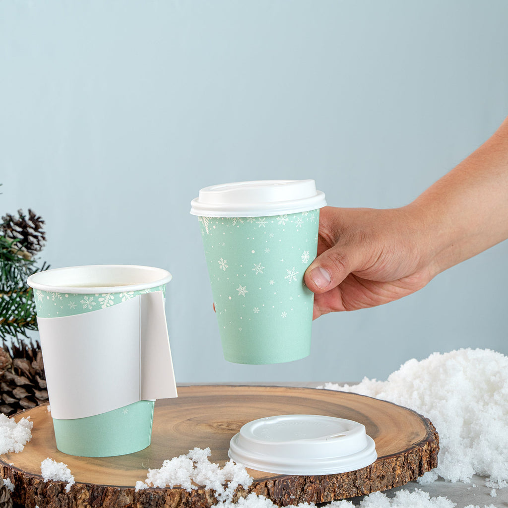 Restpresso 12 oz Blue Christmas Snowflakes Paper Single Wall Coffee Cup - with White Lid - 3 1/2" x 3 1/2" x 4 3/4" - 400 count box