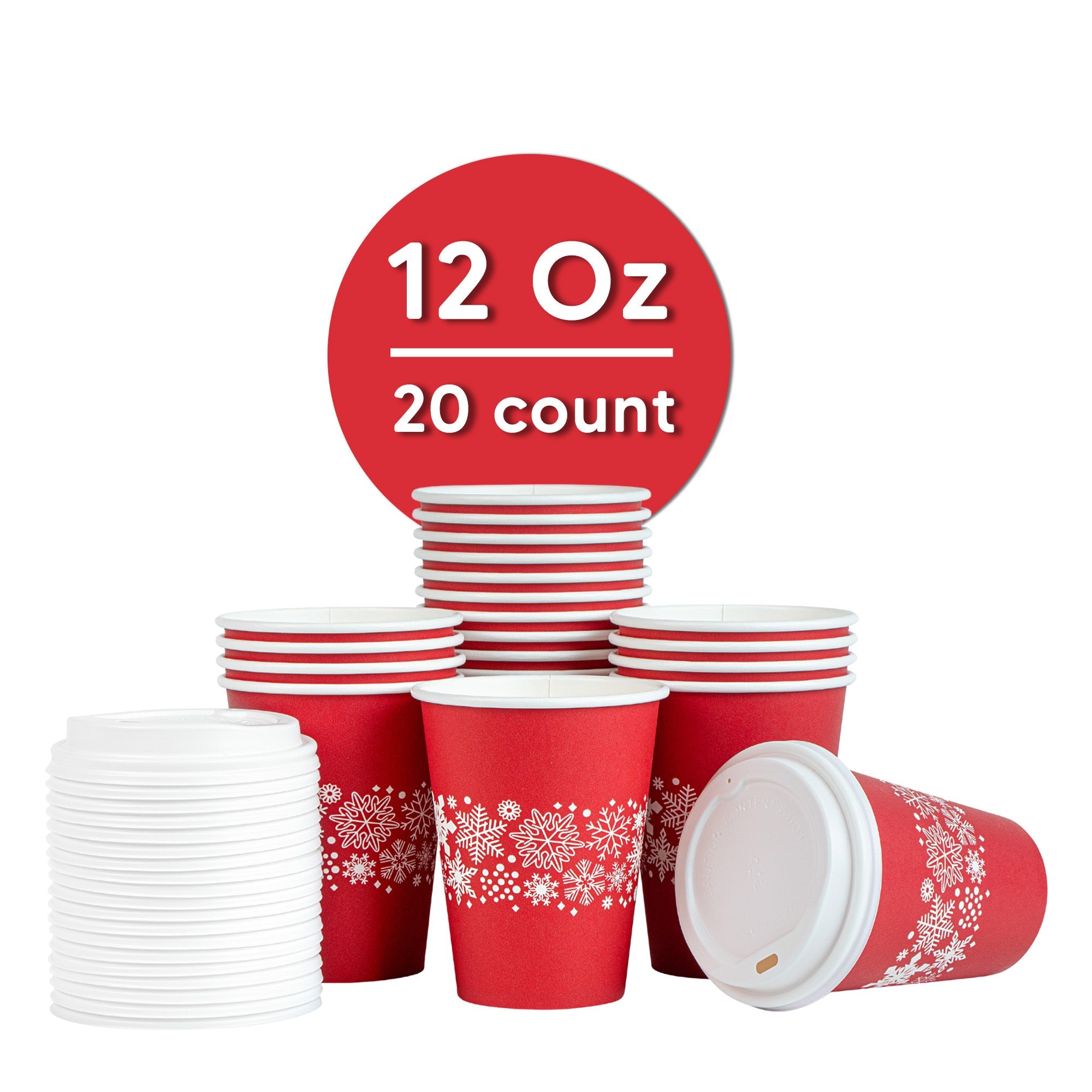 Restpresso 12 oz Red Christmas Snowflakes Paper Single Wall Coffee Cup - with White Lid - 3 1/2" x 3 1/2" x 4 3/4" - 20 count box