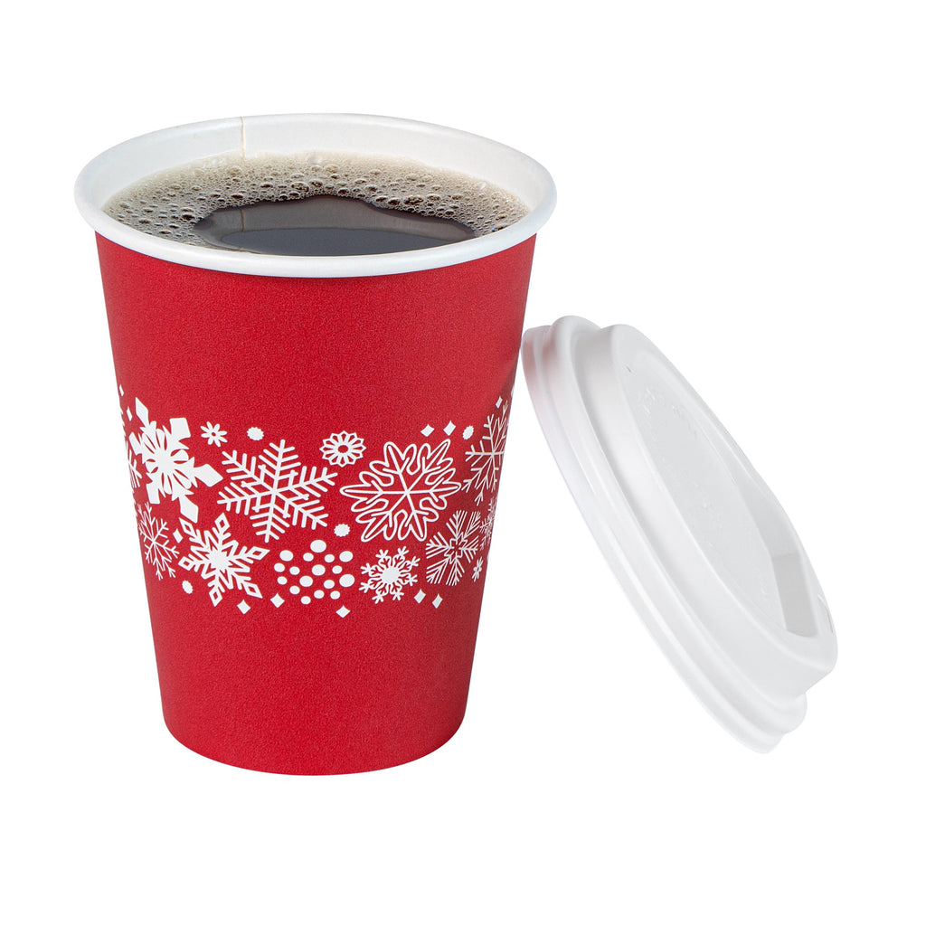 Restpresso 12 oz Red Christmas Snowflakes Paper Single Wall Coffee Cup - with White Lid - 3 1/2" x 3 1/2" x 4 3/4" - 20 count box