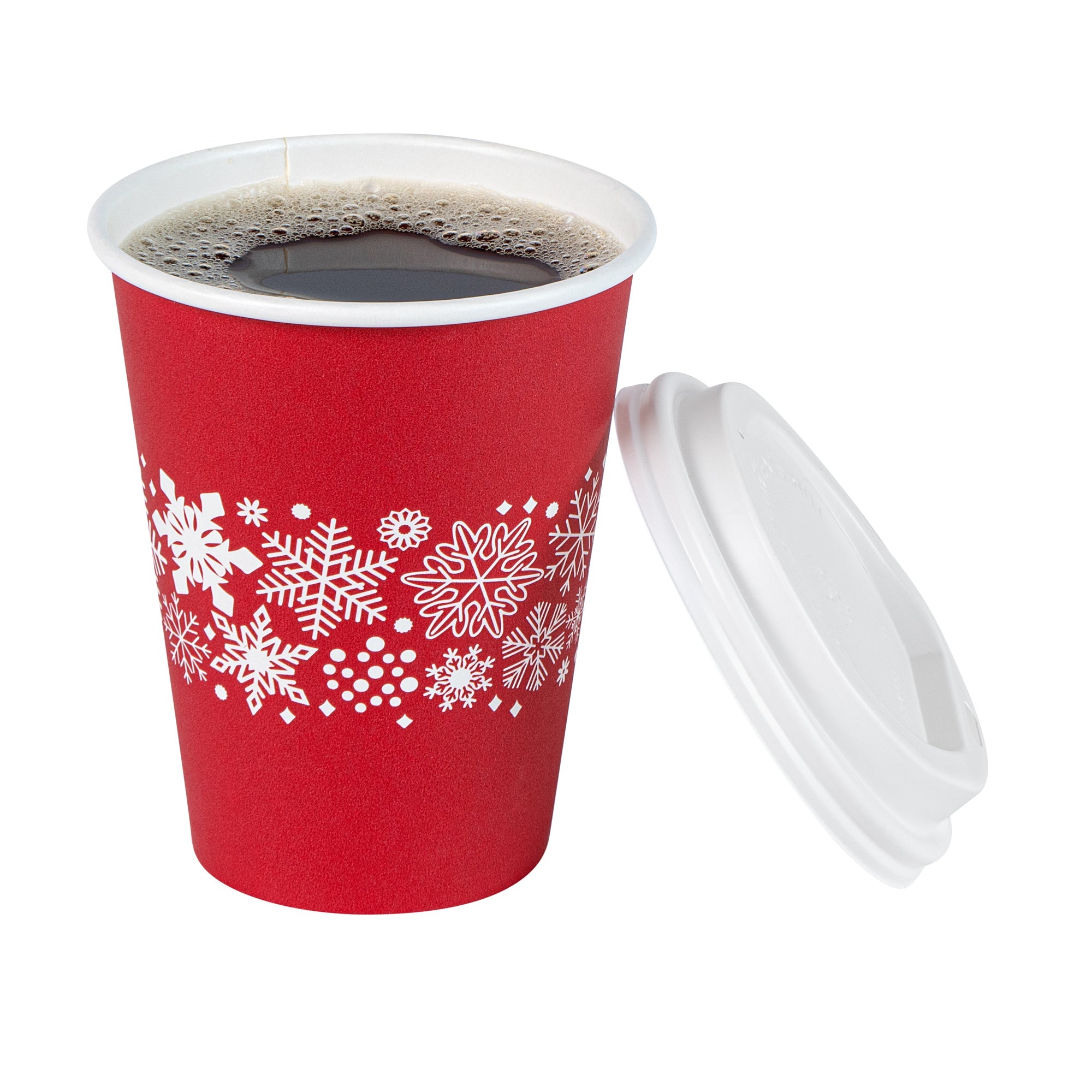 Restpresso 12 oz Red Christmas Snowflakes Paper Single Wall Coffee Cup - with White Lid - 3 1/2" x 3 1/2" x 4 3/4" - 20 count box