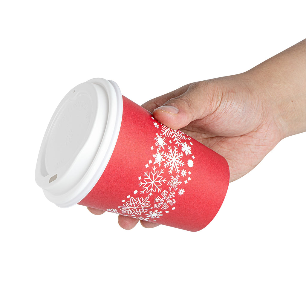 Restpresso 12 oz Red Christmas Snowflakes Paper Single Wall Coffee Cup - with White Lid - 3 1/2" x 3 1/2" x 4 3/4" - 20 count box