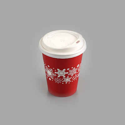 Restpresso 12 oz Red Christmas Snowflakes Paper Single Wall Coffee Cup - with White Lid - 3 1/2" x 3 1/2" x 4 3/4" - 20 count box