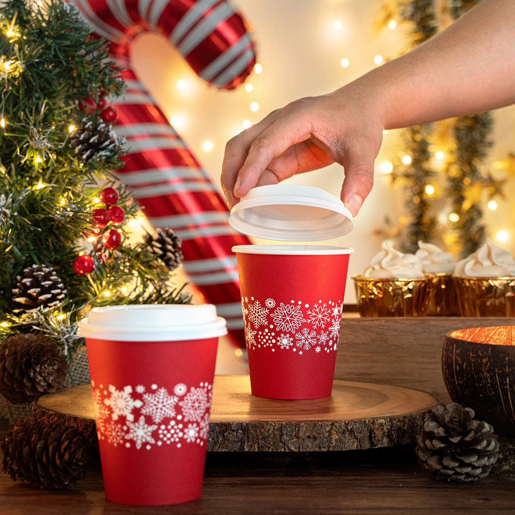 Restpresso 12 oz Red Christmas Snowflakes Paper Single Wall Coffee Cup - with White Lid - 3 1/2" x 3 1/2" x 4 3/4" - 20 count box