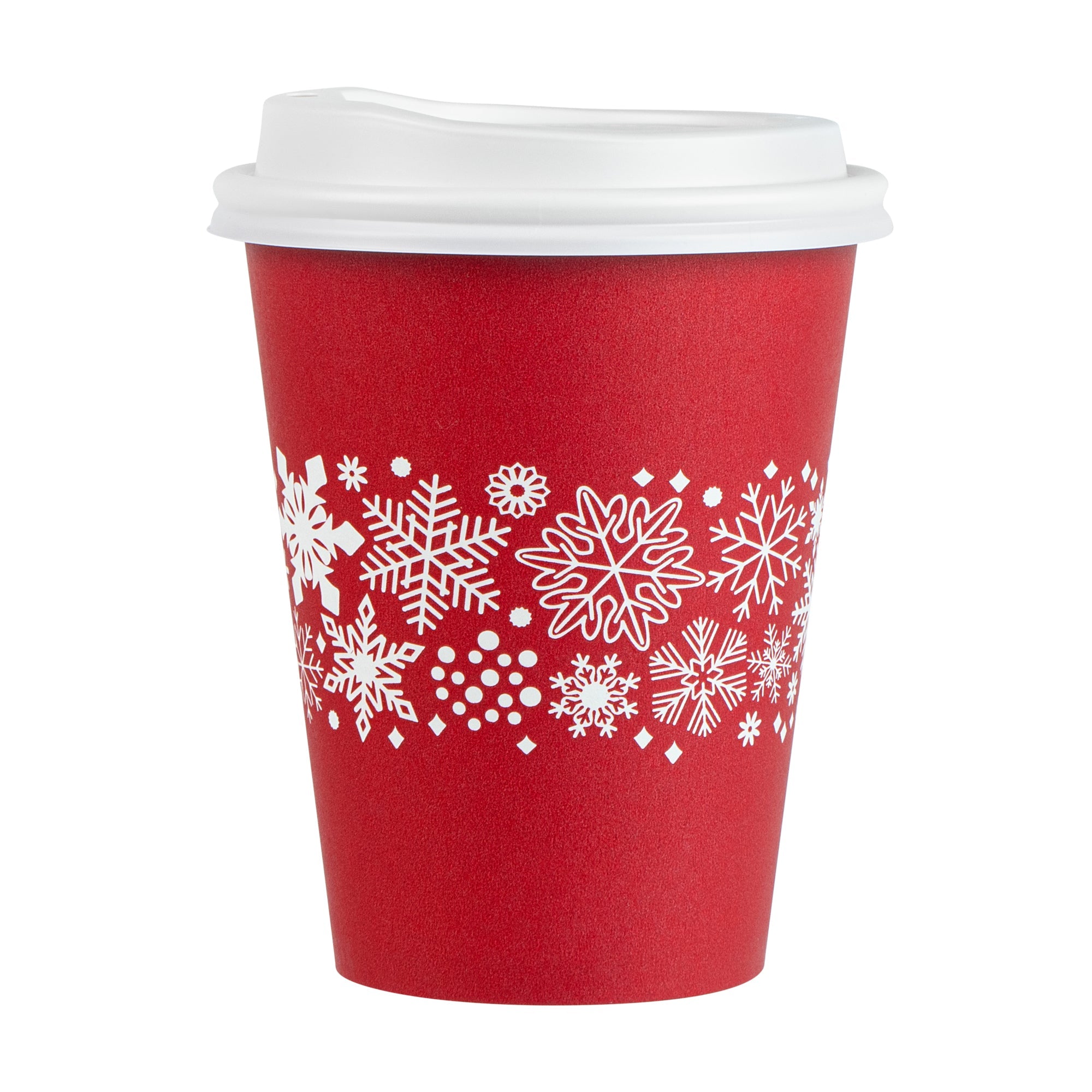 Restpresso 12 oz Red Christmas Snowflakes Paper Single Wall Coffee Cup - with White Lid - 3 1/2" x 3 1/2" x 4 3/4" - 400 count box
