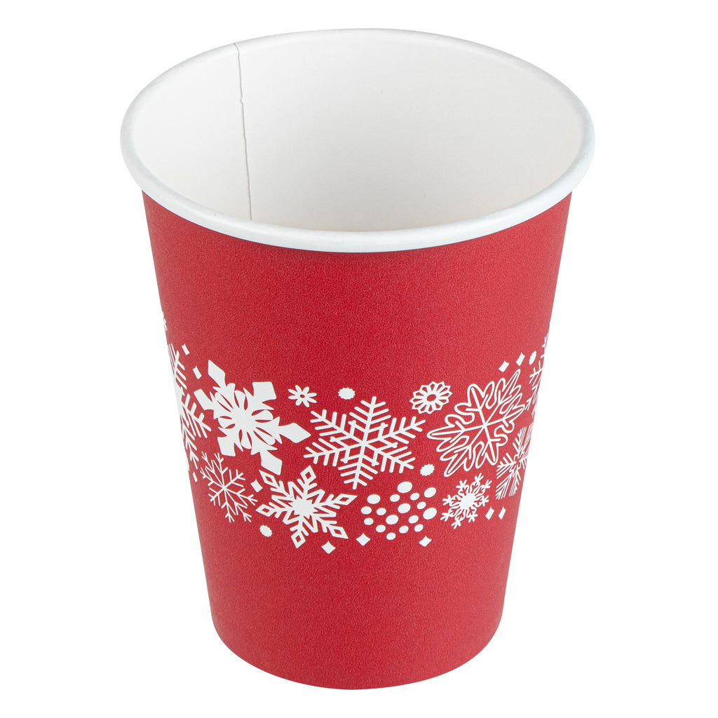 Restpresso 12 oz Red Christmas Snowflakes Paper Single Wall Coffee Cup - with White Lid - 3 1/2" x 3 1/2" x 4 3/4" - 400 count box