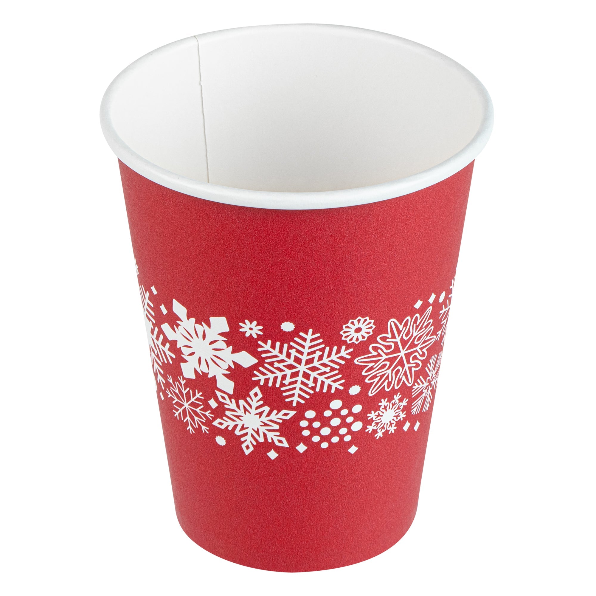 Restpresso 12 oz Red Christmas Snowflakes Paper Single Wall Coffee Cup - with White Lid - 3 1/2" x 3 1/2" x 4 3/4" - 400 count box