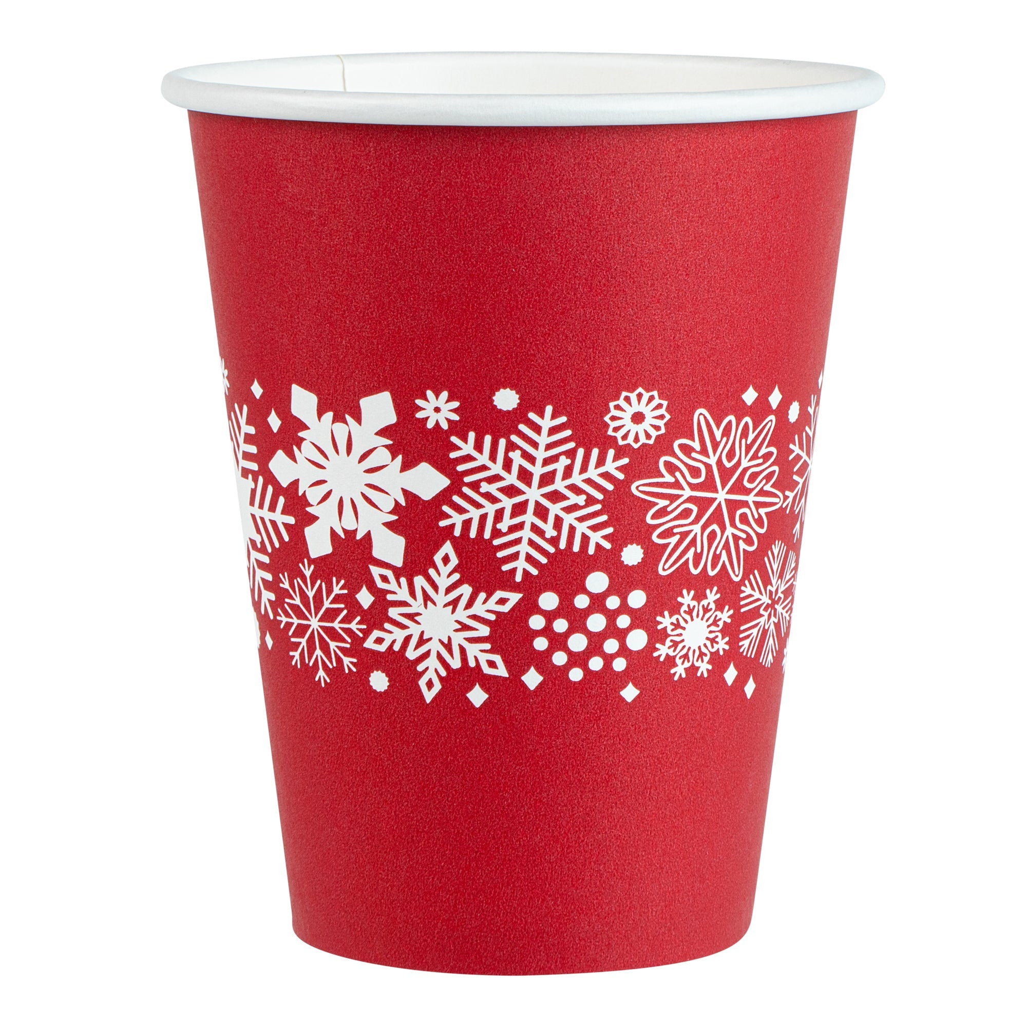 Restpresso 12 oz Red Christmas Snowflakes Paper Single Wall Coffee Cup - with White Lid - 3 1/2" x 3 1/2" x 4 3/4" - 400 count box