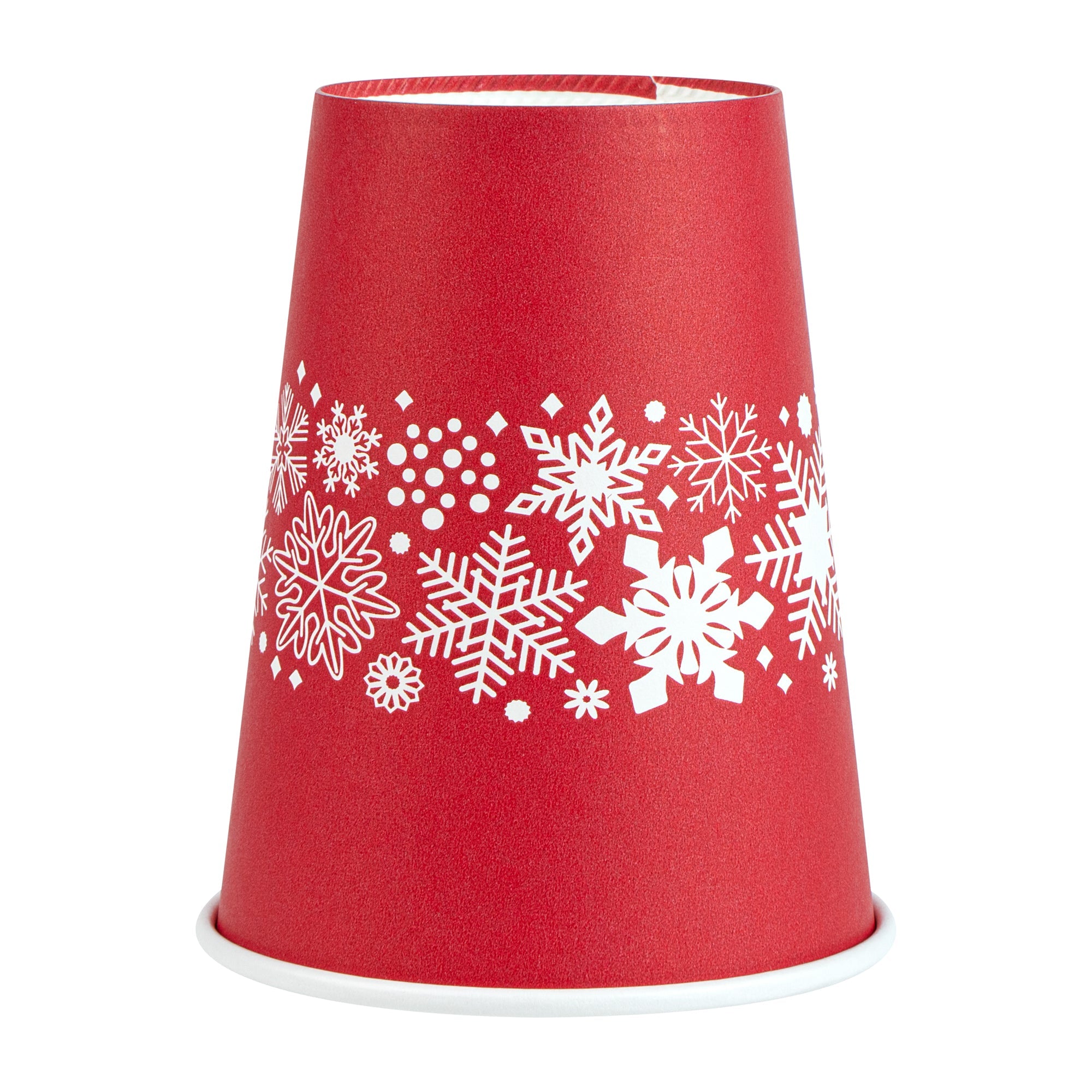Restpresso 12 oz Red Christmas Snowflakes Paper Single Wall Coffee Cup - with White Lid - 3 1/2" x 3 1/2" x 4 3/4" - 400 count box