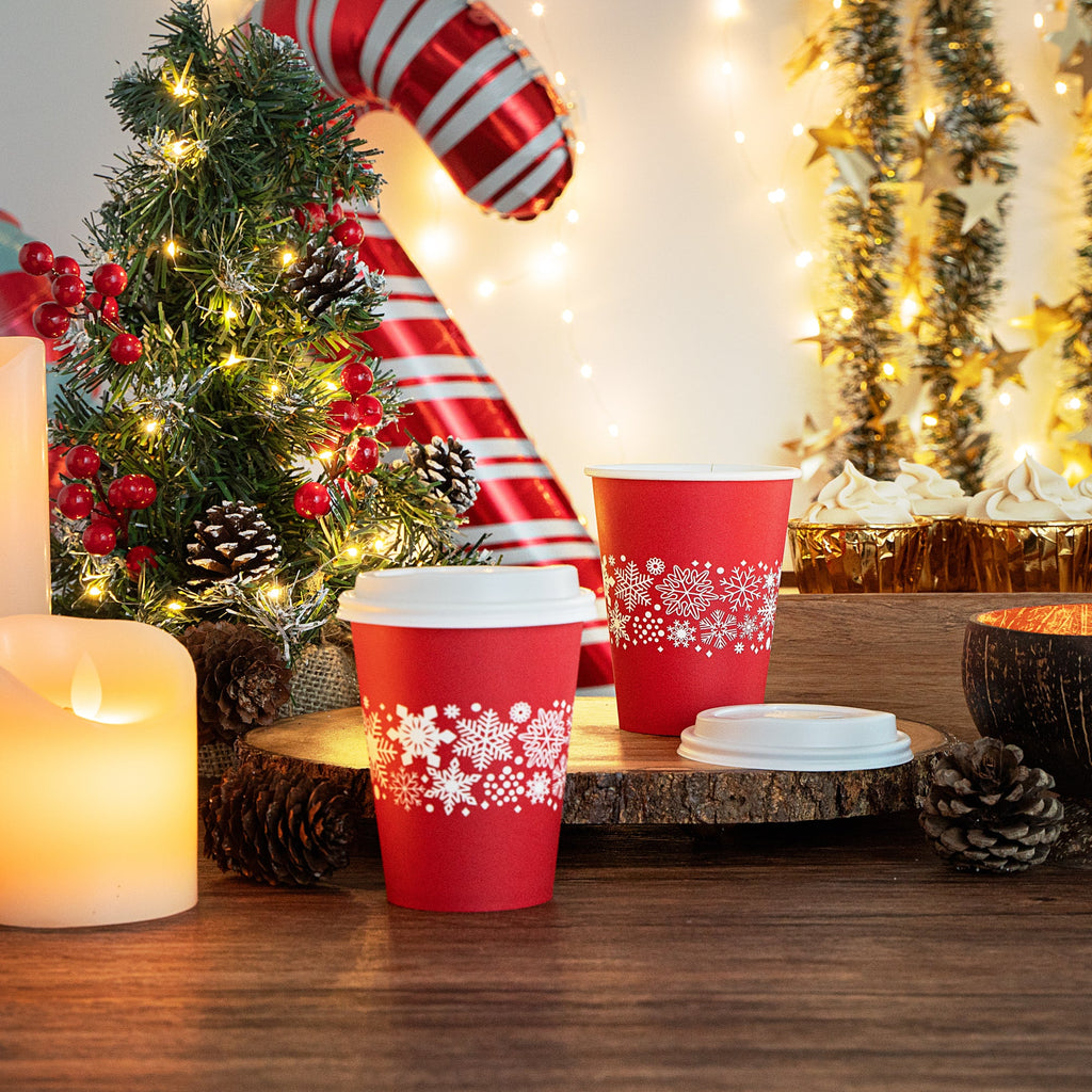 Restpresso 12 oz Red Christmas Snowflakes Paper Single Wall Coffee Cup - with White Lid - 3 1/2" x 3 1/2" x 4 3/4" - 400 count box