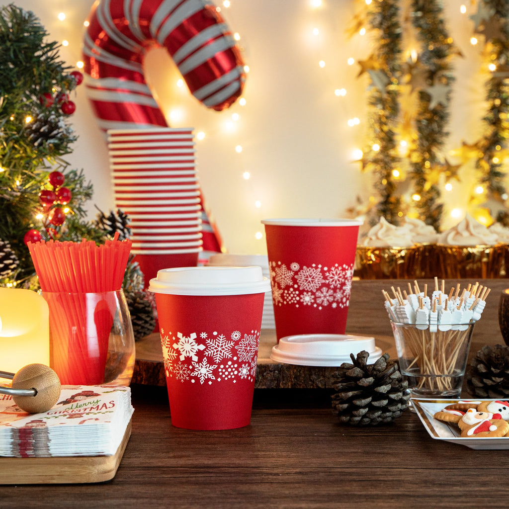 Restpresso 12 oz Red Christmas Snowflakes Paper Single Wall Coffee Cup - with White Lid - 3 1/2" x 3 1/2" x 4 3/4" - 400 count box