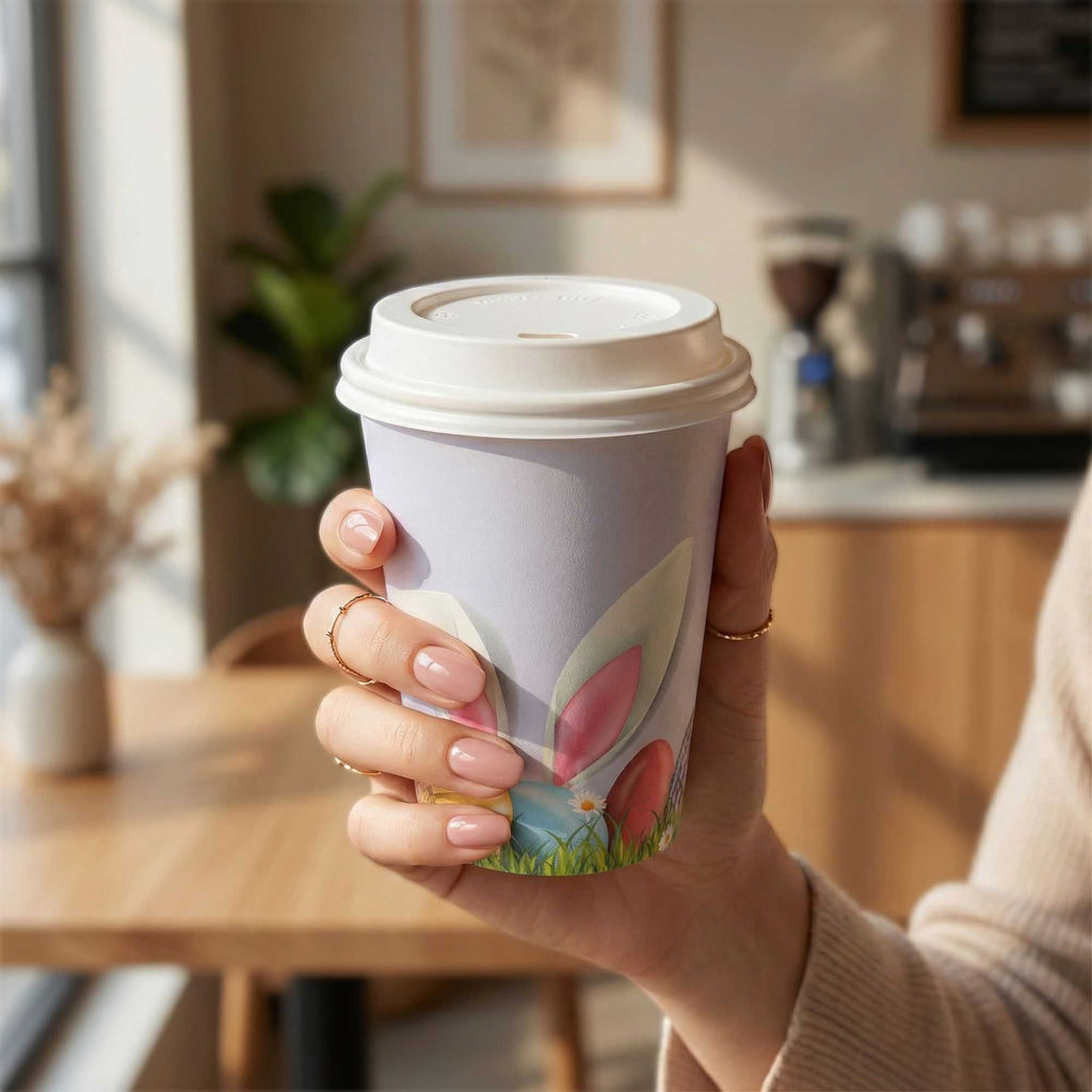 Restpresso 12 oz Easter Paper Single Wall Coffee Cup - with White Lid - 3 1/2" x 3 1/2" x 4 3/4" - 20 count box