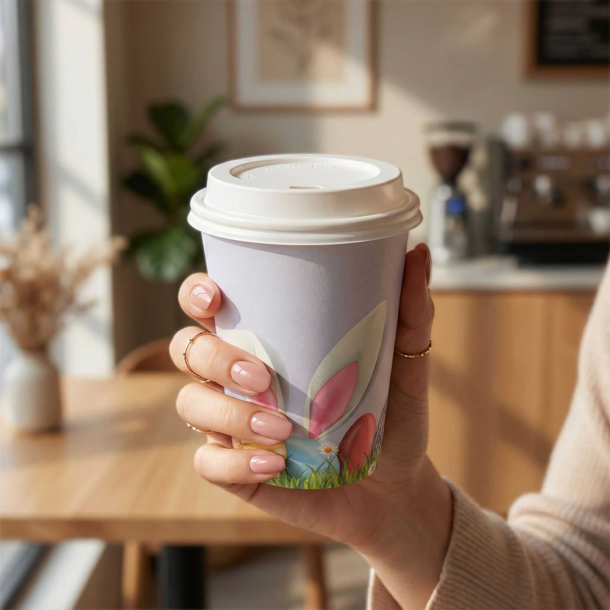 Restpresso 12 oz Easter Paper Single Wall Coffee Cup - with White Lid - 3 1/2" x 3 1/2" x 4 3/4" - 20 count box