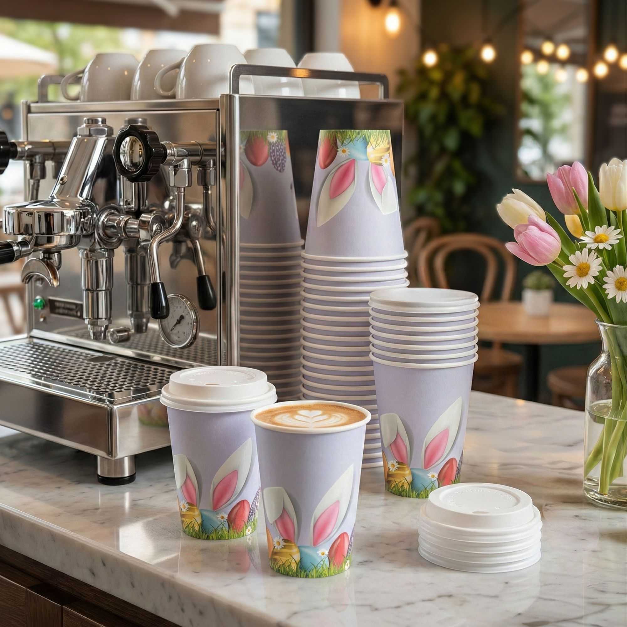 Restpresso 12 oz Easter Paper Single Wall Coffee Cup - with White Lid - 3 1/2" x 3 1/2" x 4 3/4" - 20 count box