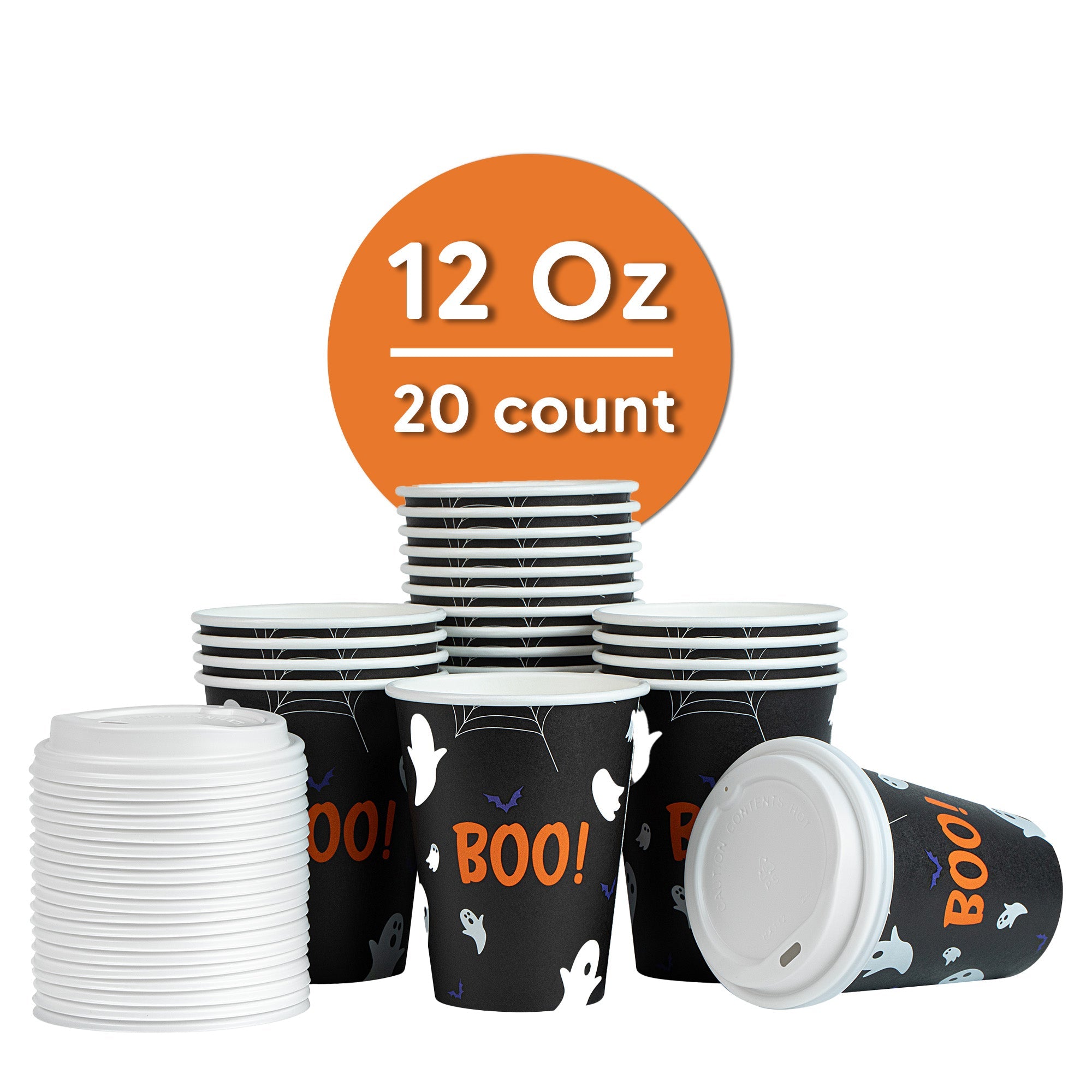 Restpresso 12 oz Halloween Paper Single Wall Coffee Cup - with White Lid - 3 1/2" x 3 1/2" x 4 3/4" - 20 count box