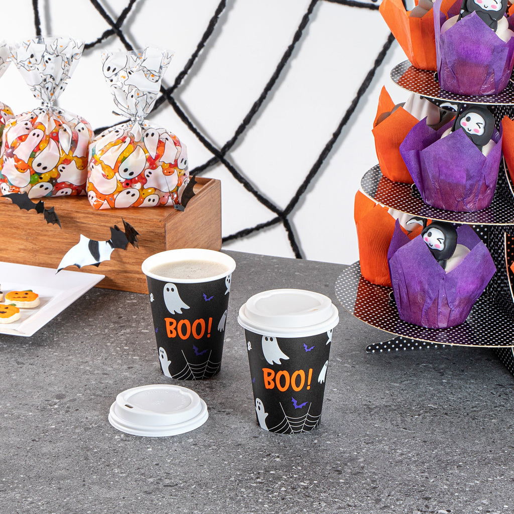 Restpresso 12 oz Halloween Paper Single Wall Coffee Cup - with White Lid - 3 1/2" x 3 1/2" x 4 3/4" - 20 count box