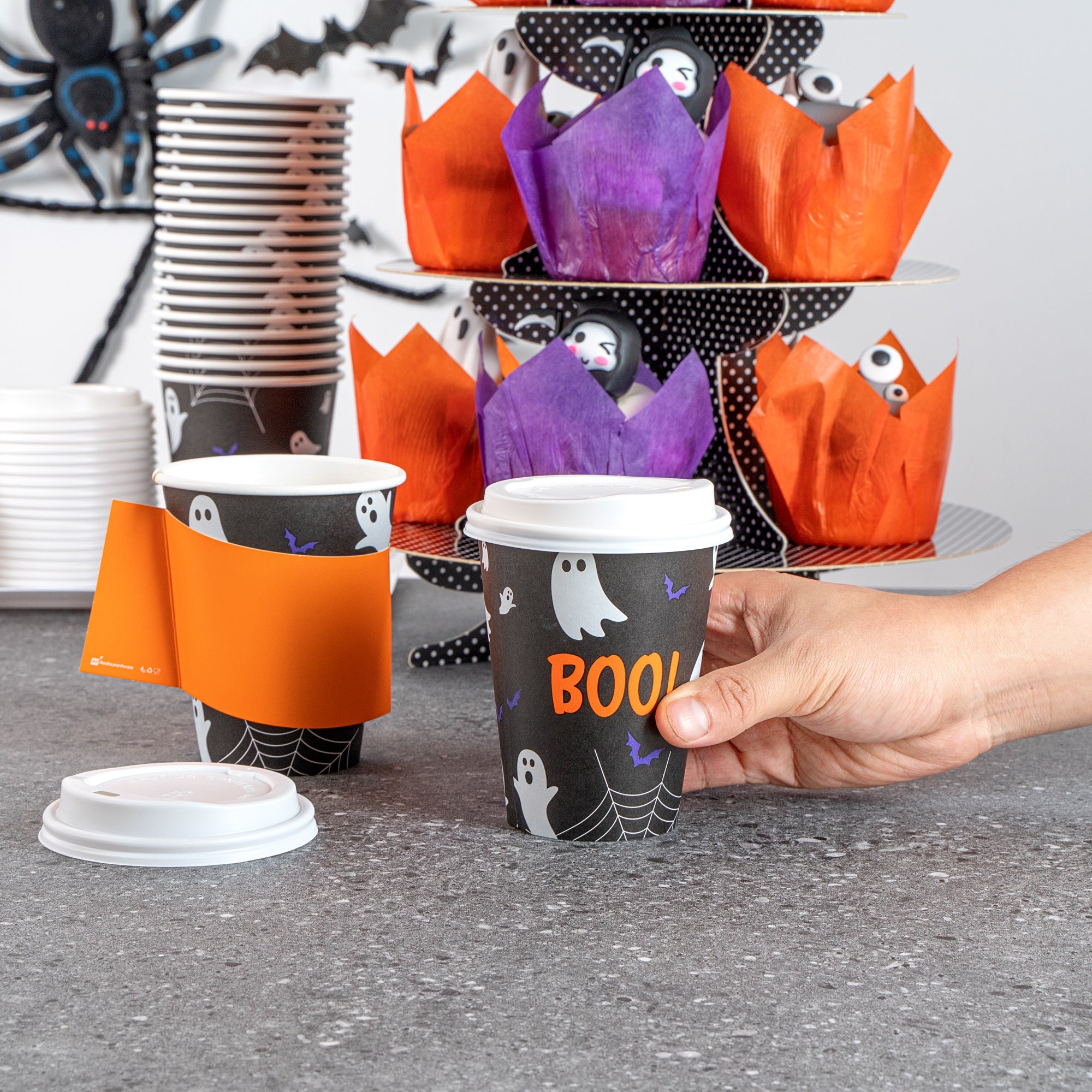Restpresso 12 oz Halloween Paper Single Wall Coffee Cup - with White Lid - 3 1/2" x 3 1/2" x 4 3/4" - 20 count box
