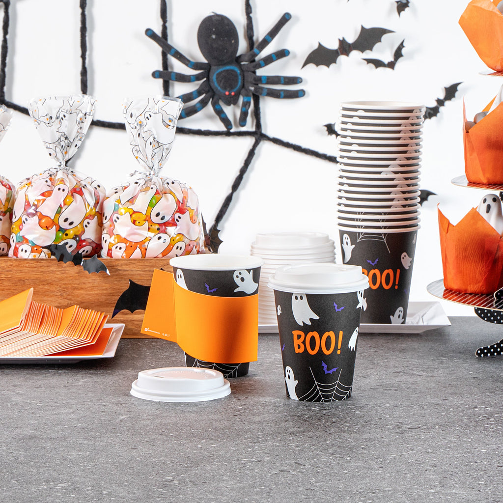 Restpresso 12 oz Halloween Paper Single Wall Coffee Cup - with White Lid - 3 1/2" x 3 1/2" x 4 3/4" - 20 count box