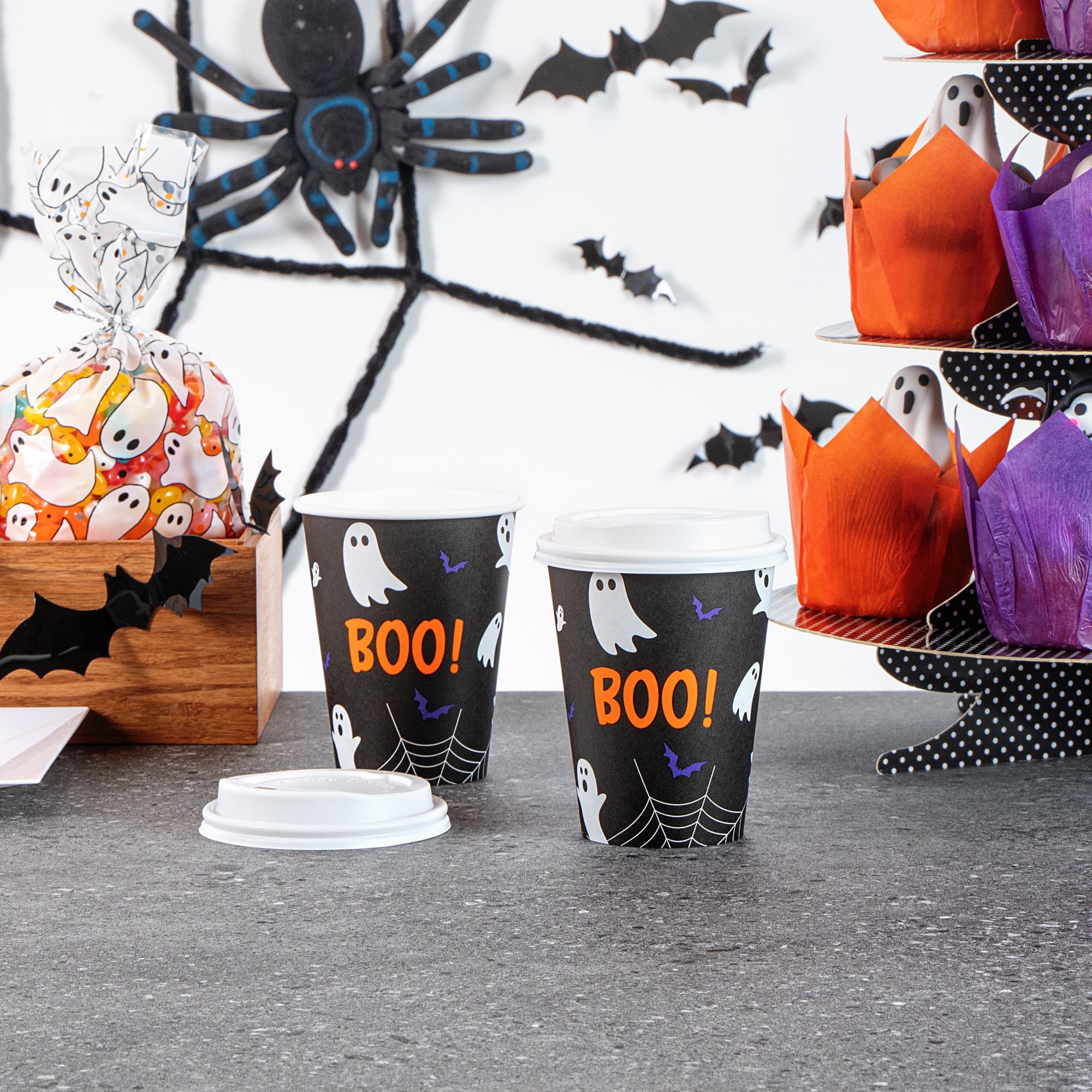 Restpresso 12 oz Halloween Paper Single Wall Coffee Cup - with White Lid - 3 1/2" x 3 1/2" x 4 3/4" - 400 count box